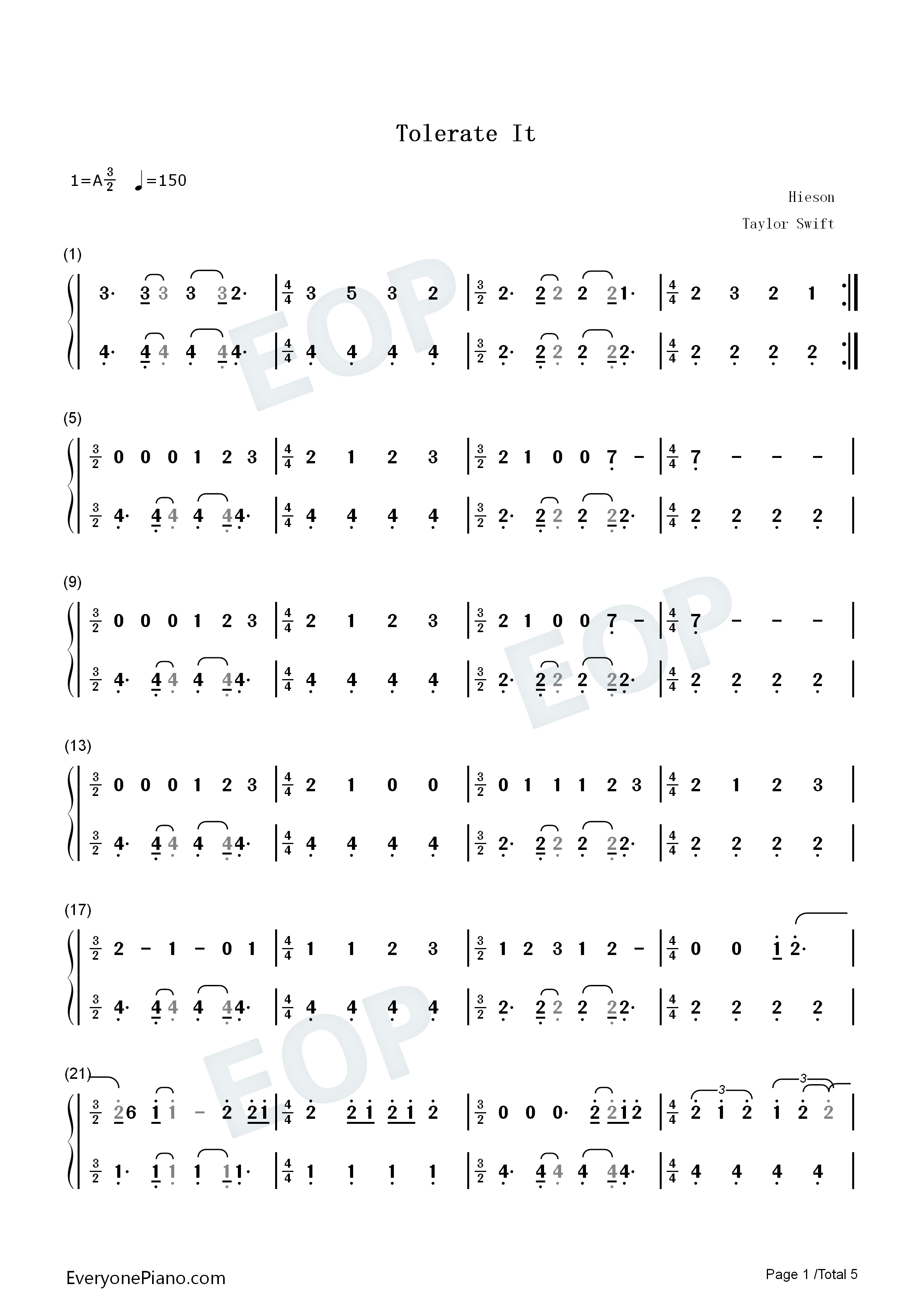 Tolerate It钢琴简谱-Taylor Swift演唱1