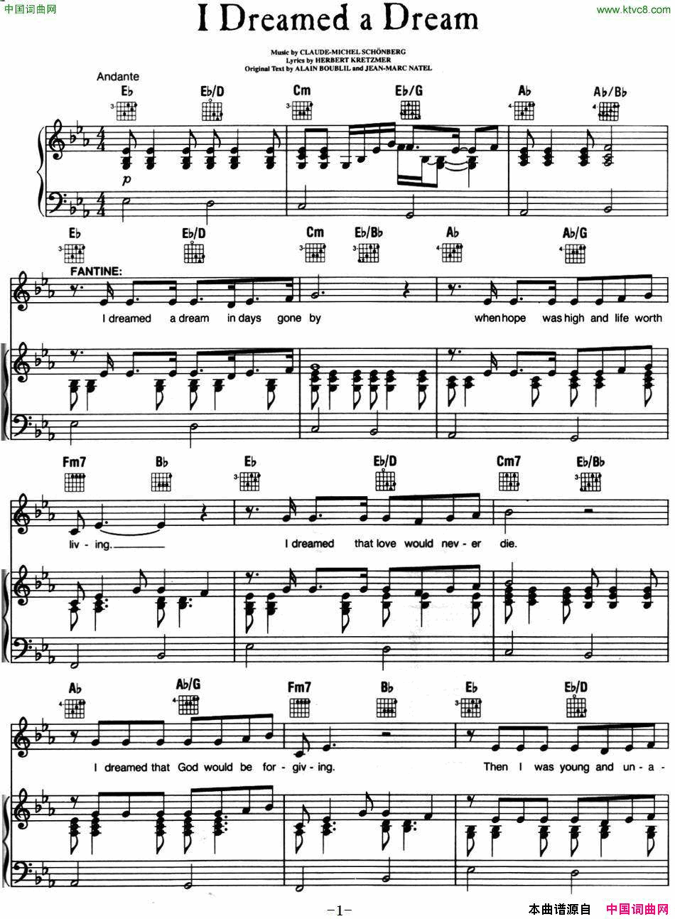 IDreamedaDream 音乐剧《悲惨世界》Les Miserables选曲、正谱简谱1