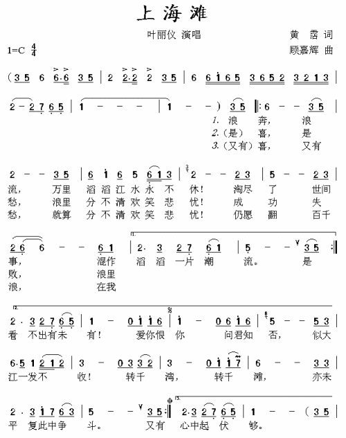 上海滩同名电视剧主题歌、粤语简谱1