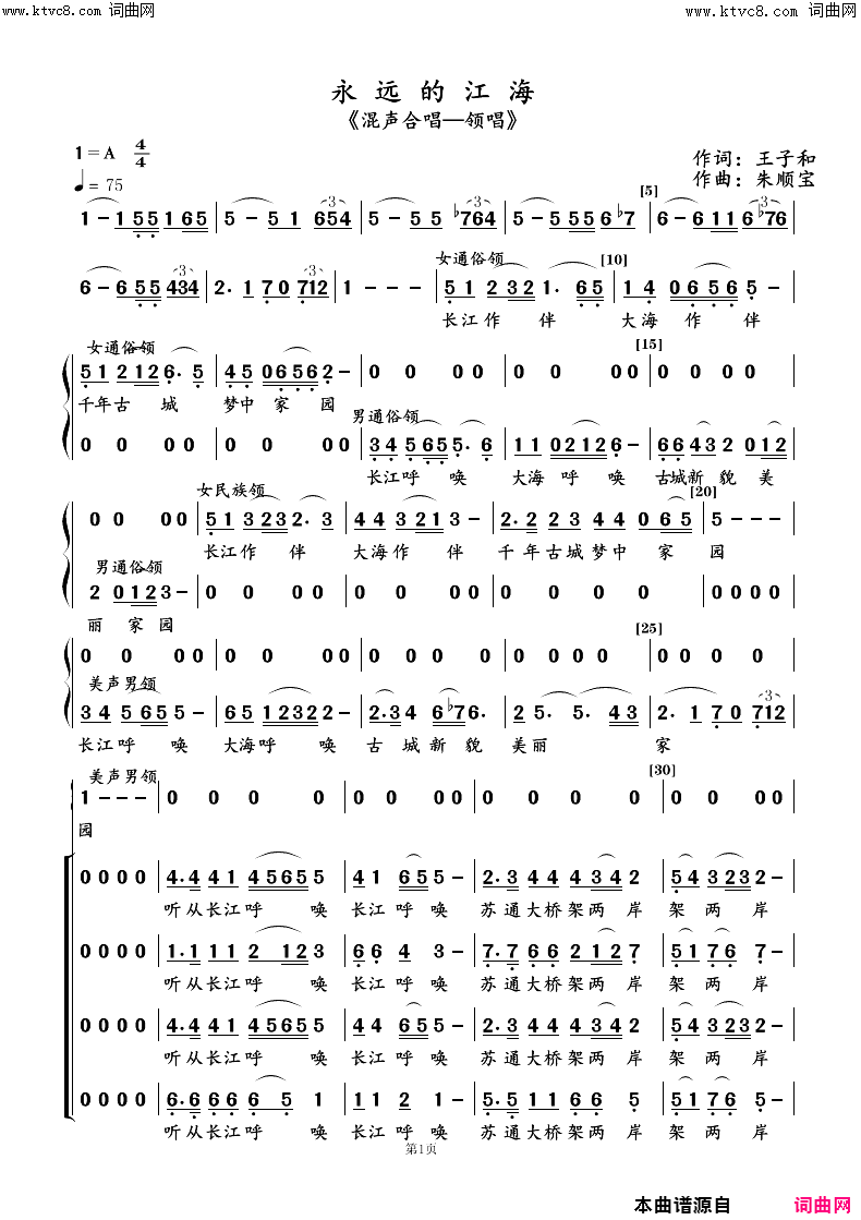 永远的江海大型声乐组曲《为南通喝彩》之十简谱-江苏南通市春之声合唱团演唱-王子和/朱顺宝词曲1