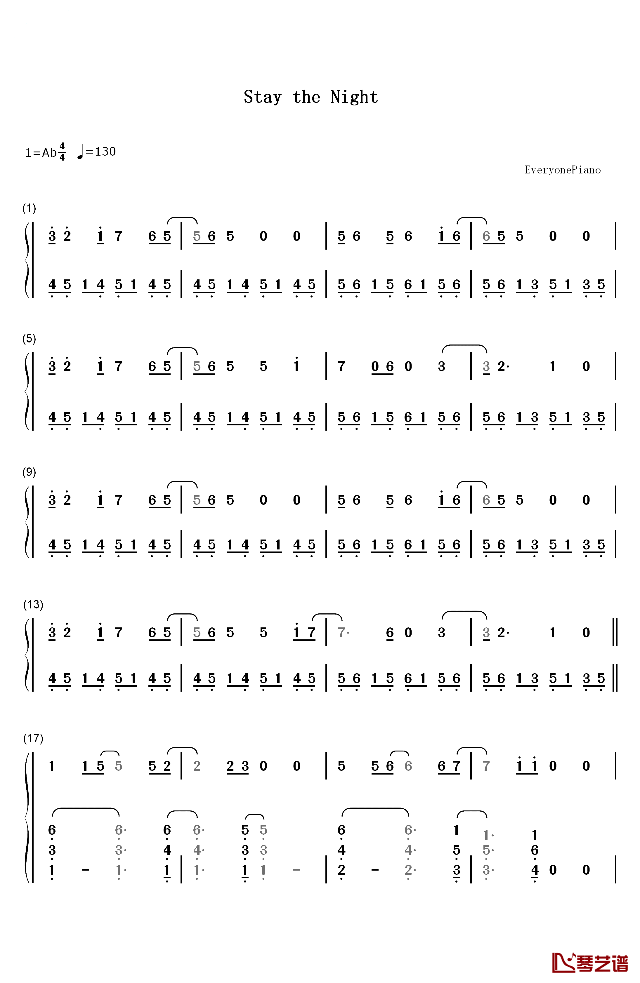 Stay the Night钢琴简谱-数字双手-Zedd&Hayley Williams1