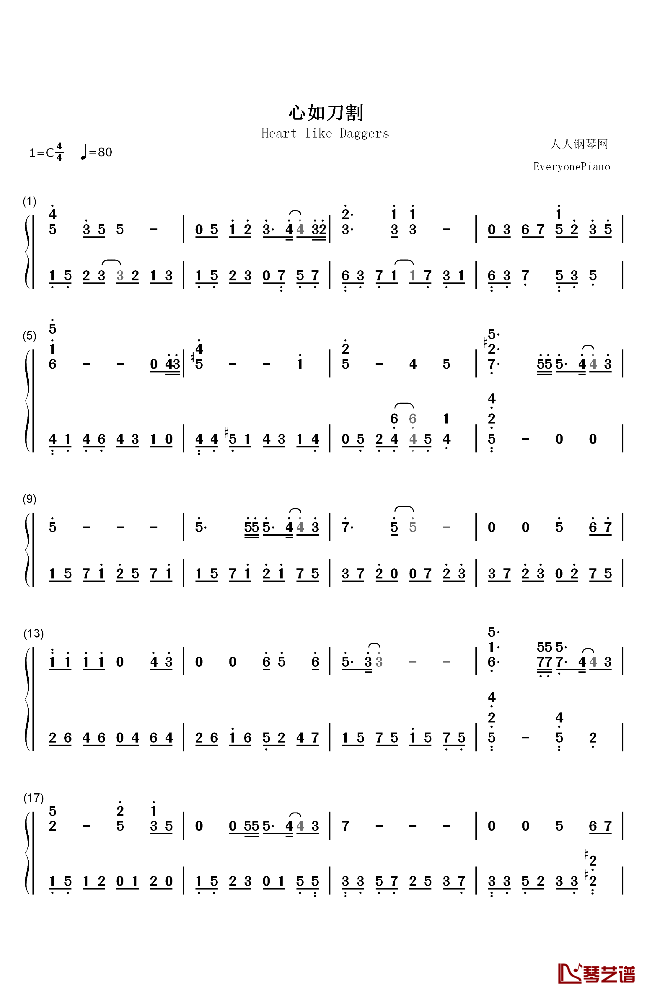 心如刀割钢琴简谱-数字双手-张学友1