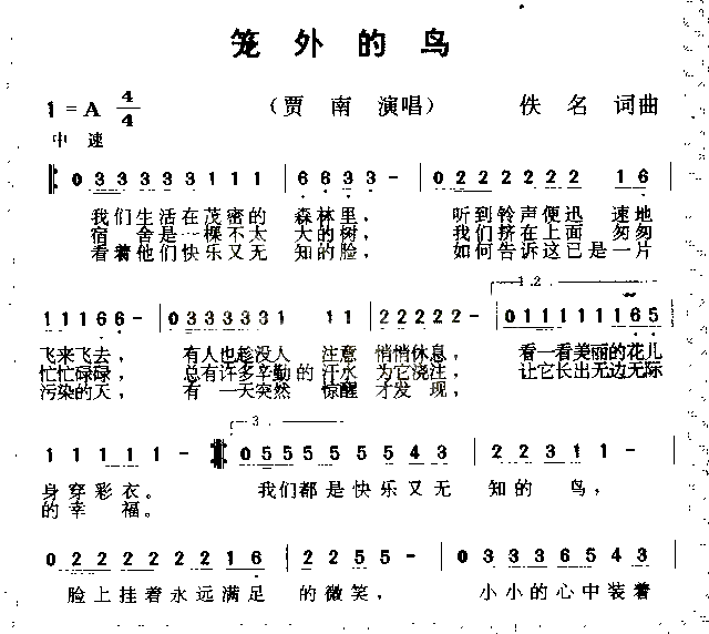 笼外的鸟简谱-贾南演唱1
