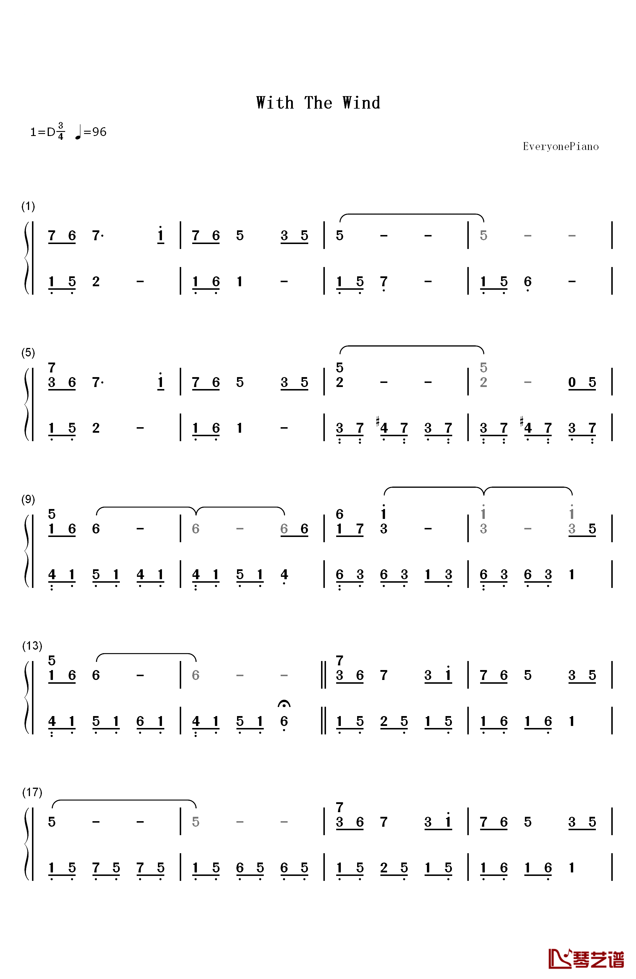 With the Wind钢琴简谱-数字双手-李闰珉1