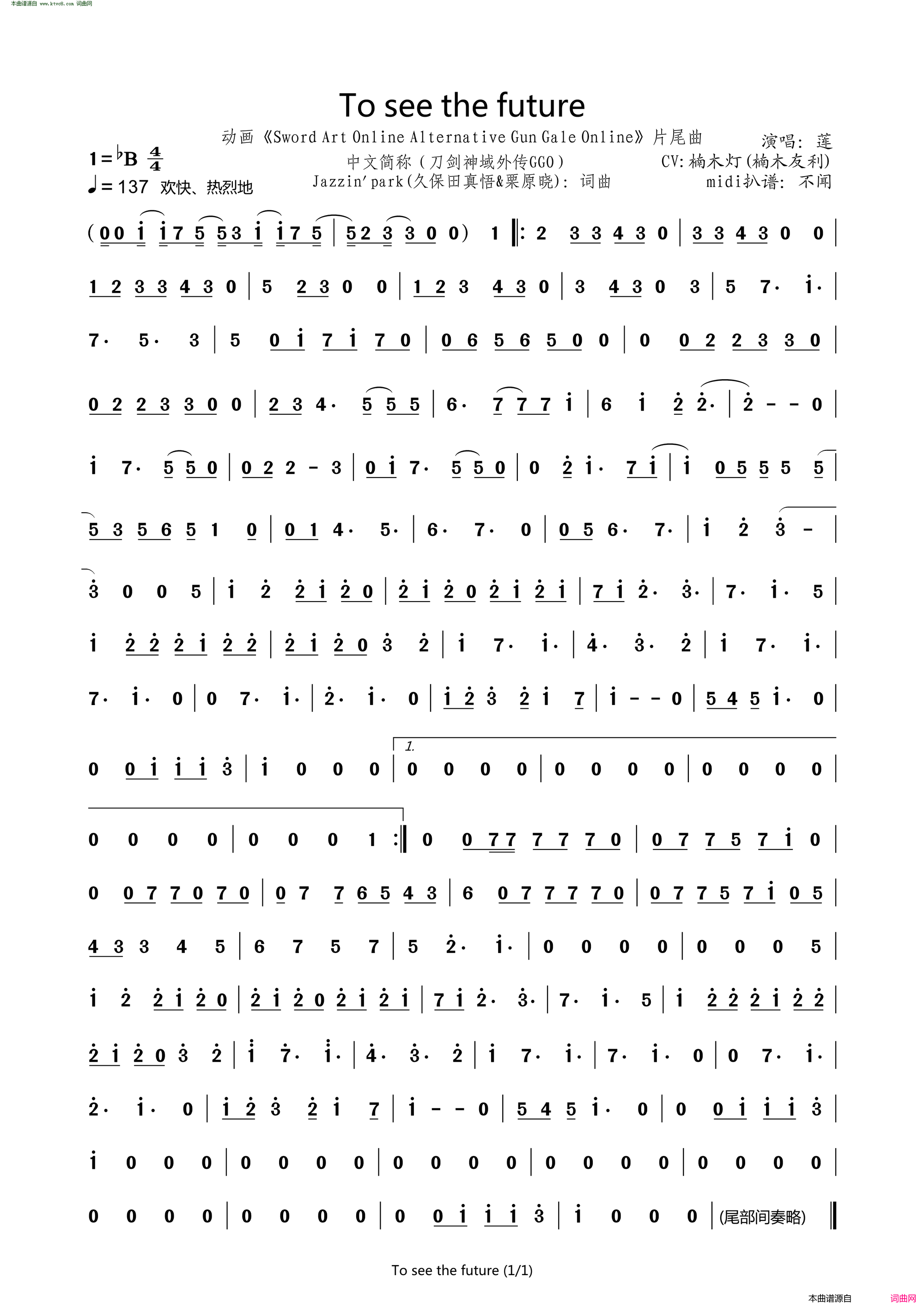 Toseethefuture【日】（《刀剑神域外传GGO》ed）简谱-楠木灯演唱-久保田真悟、栗原晓/久保田真悟、栗原晓词曲1