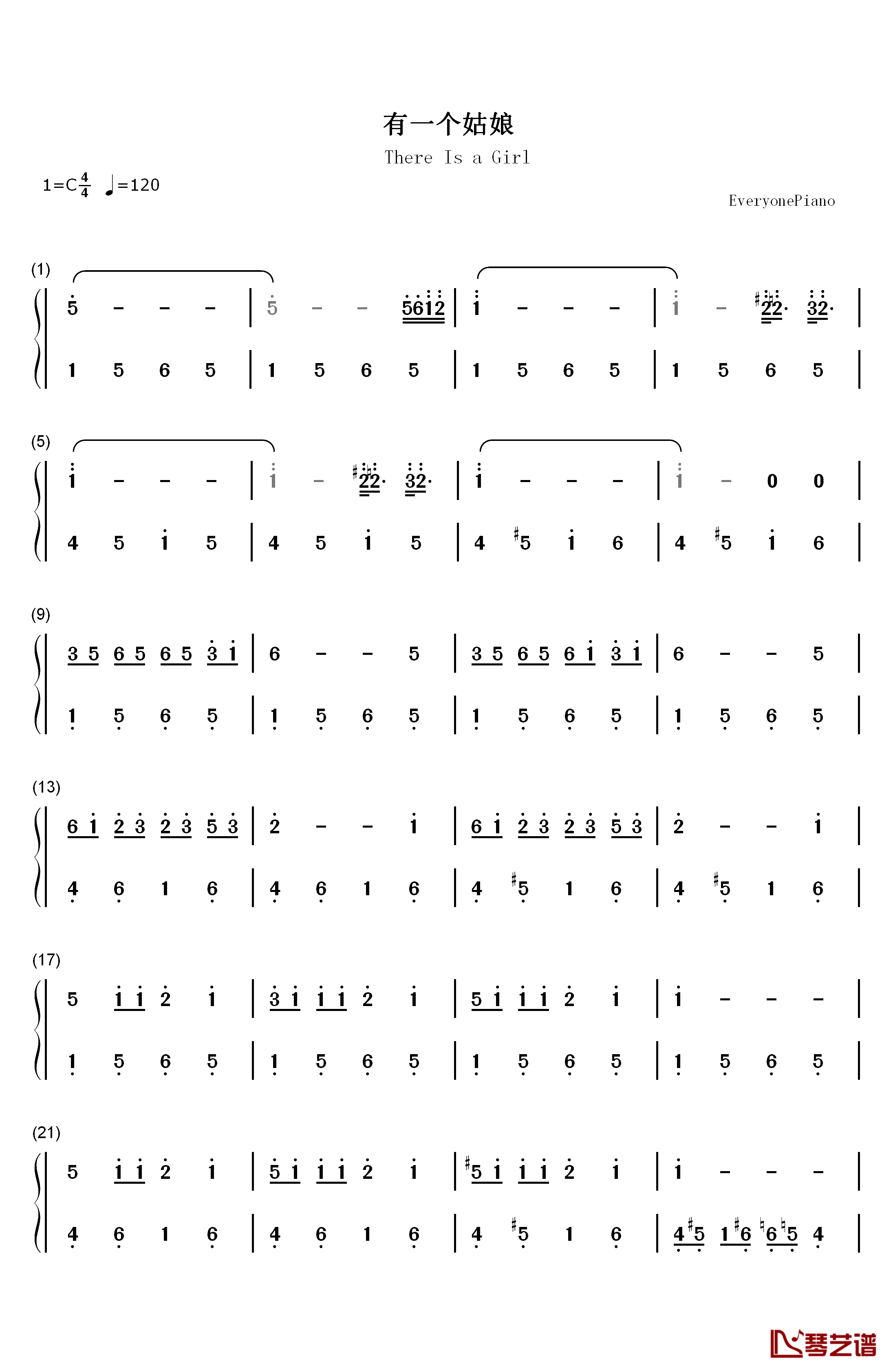 有一个姑娘钢琴简谱-数字双手-赵薇1