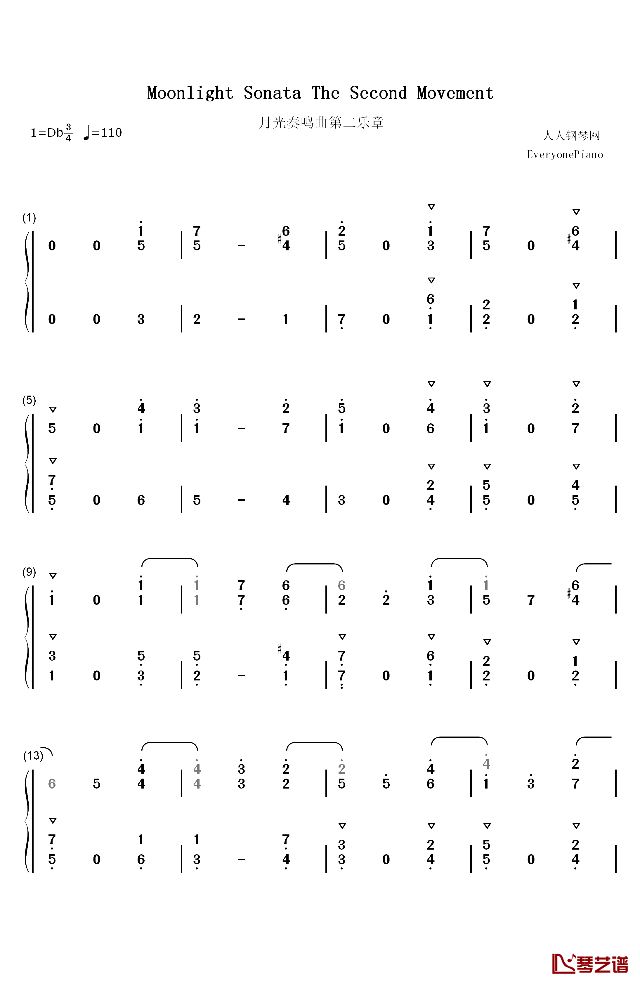 月光奏鸣曲第二乐章钢琴简谱-数字双手-贝多芬1