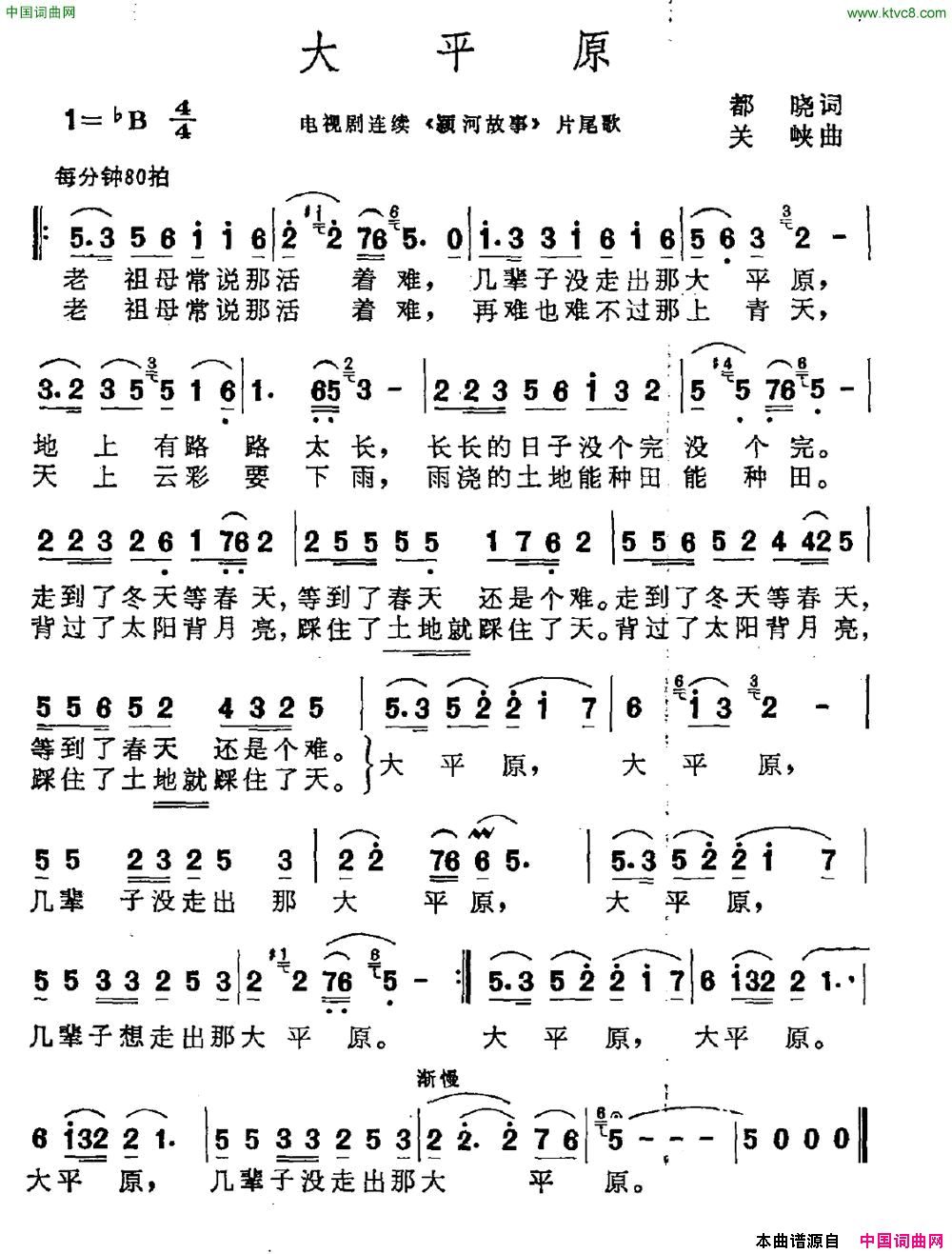大平原电视剧《颖河故事》片尾曲简谱1