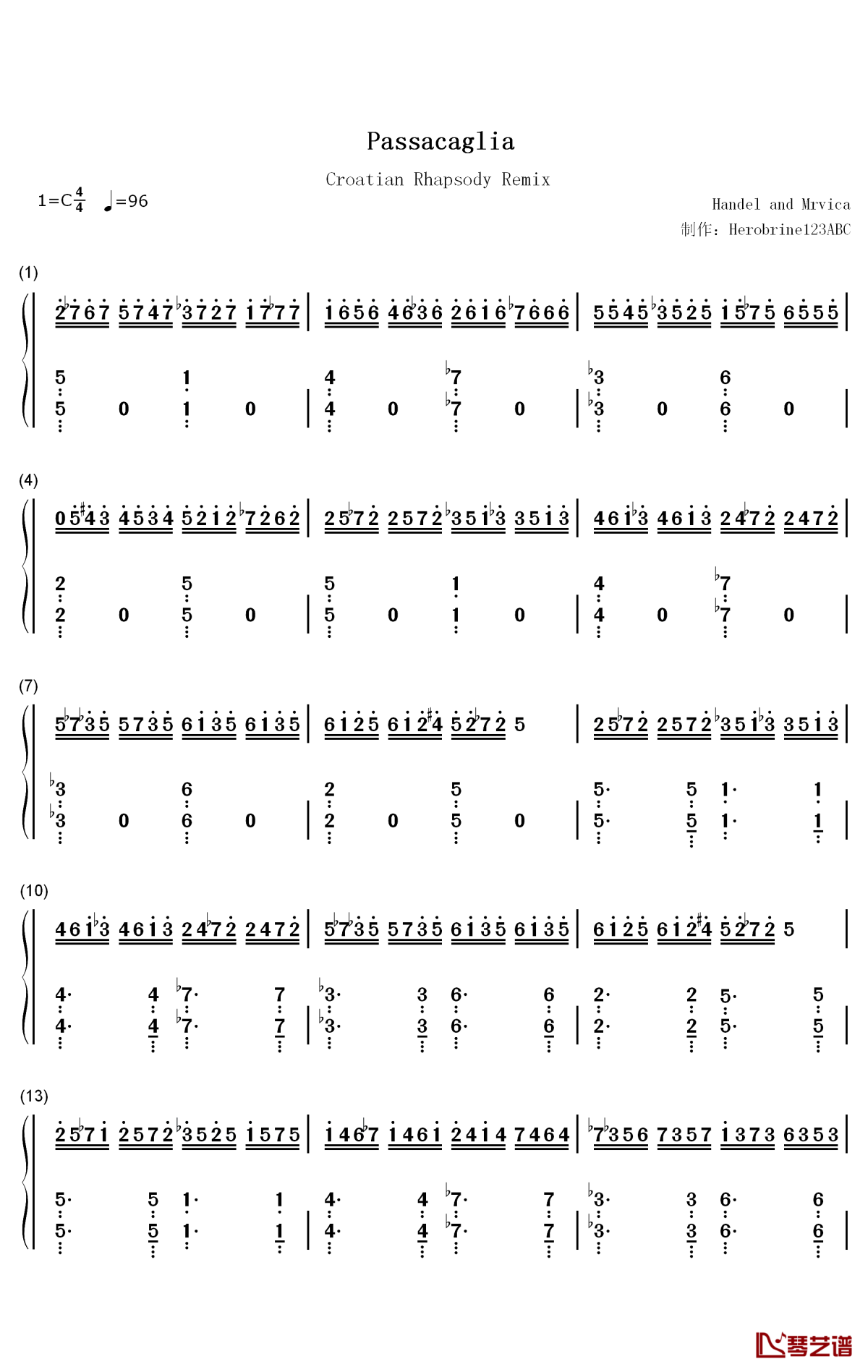 帕萨卡利亚克罗地亚变奏钢琴简谱-数字双手-Handel Mrvica1