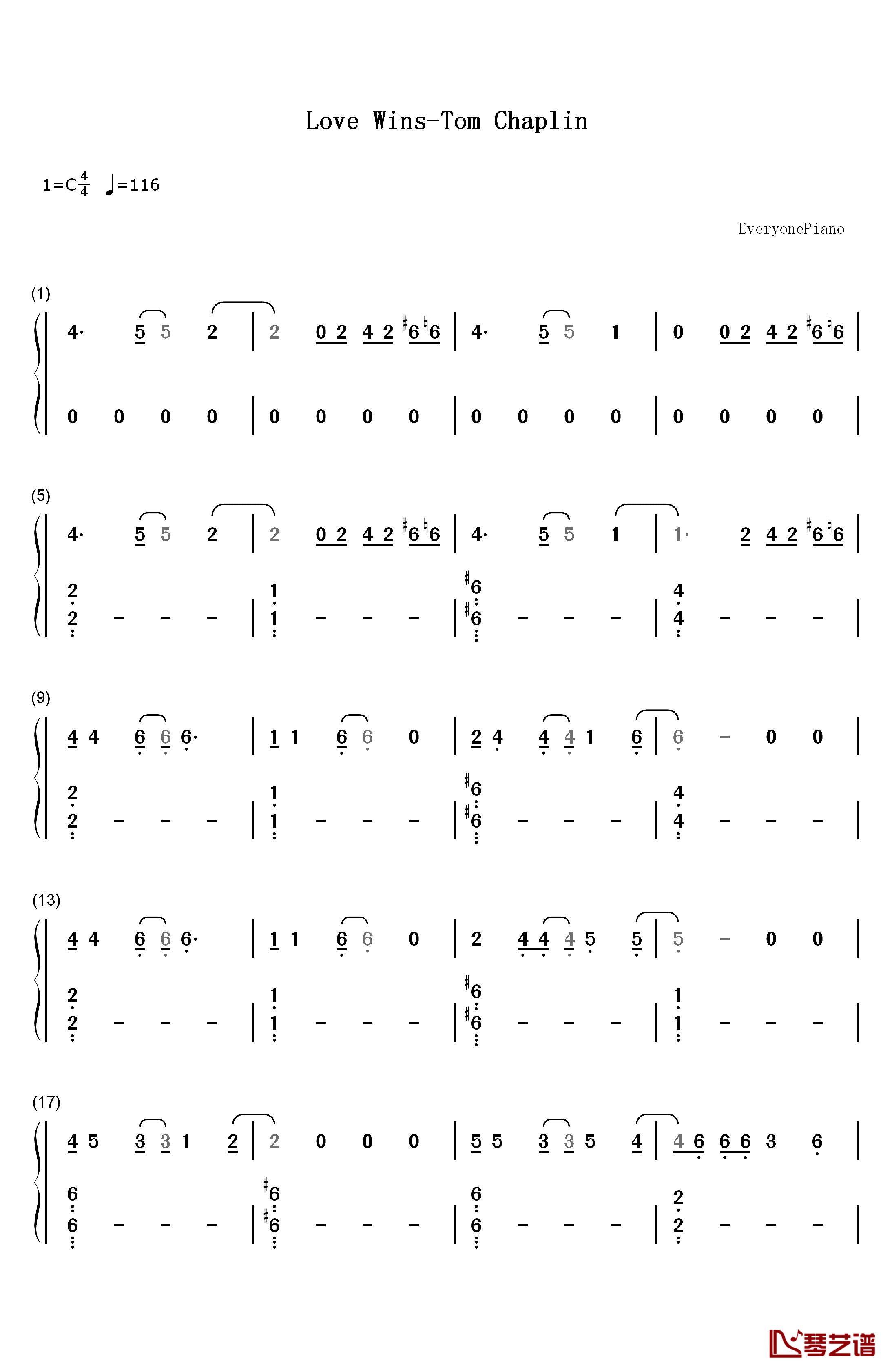 Love Wins钢琴简谱-数字双手-Tom Chaplin1