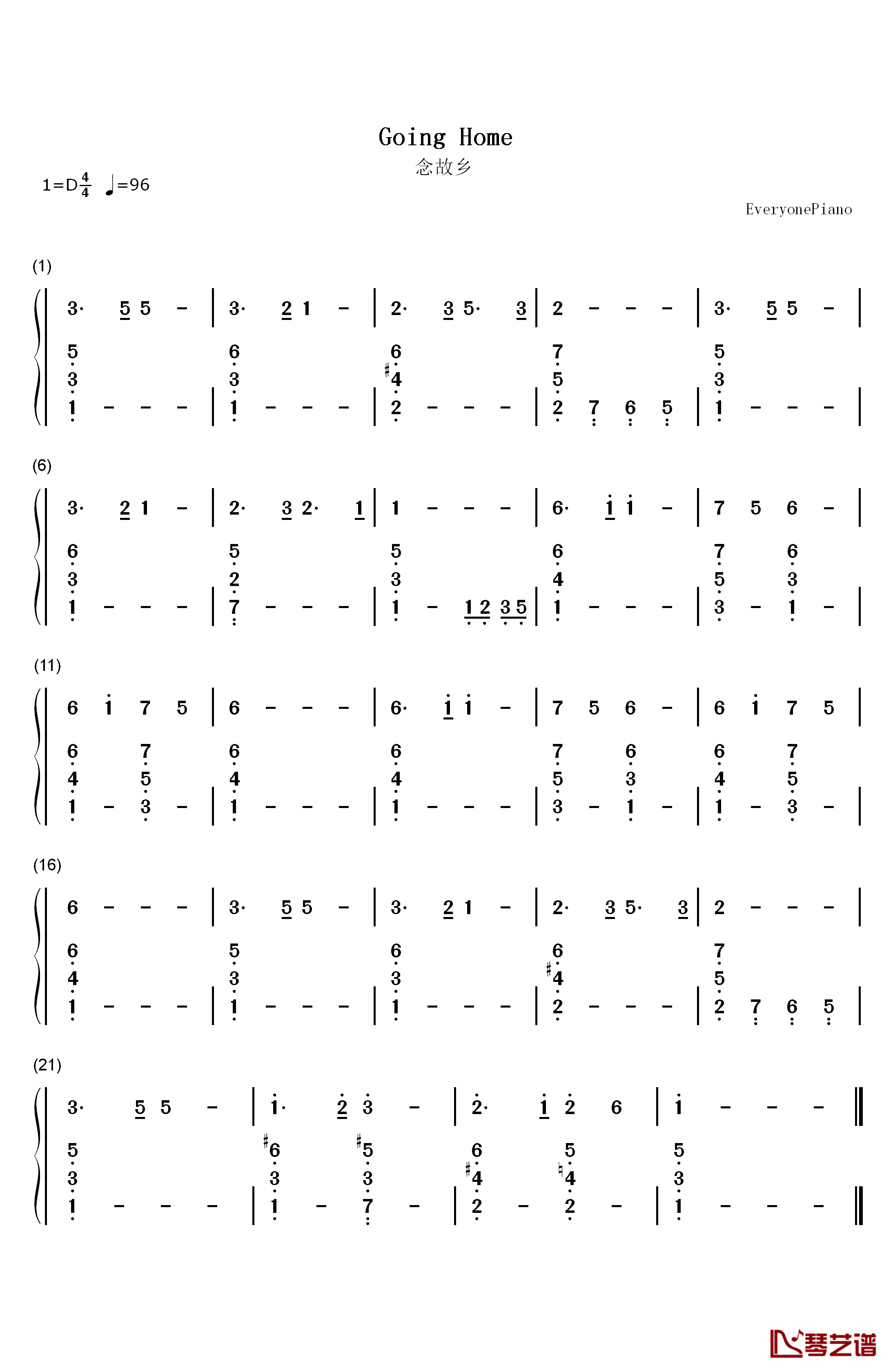 念故乡钢琴简谱-数字双手-德沃夏克1