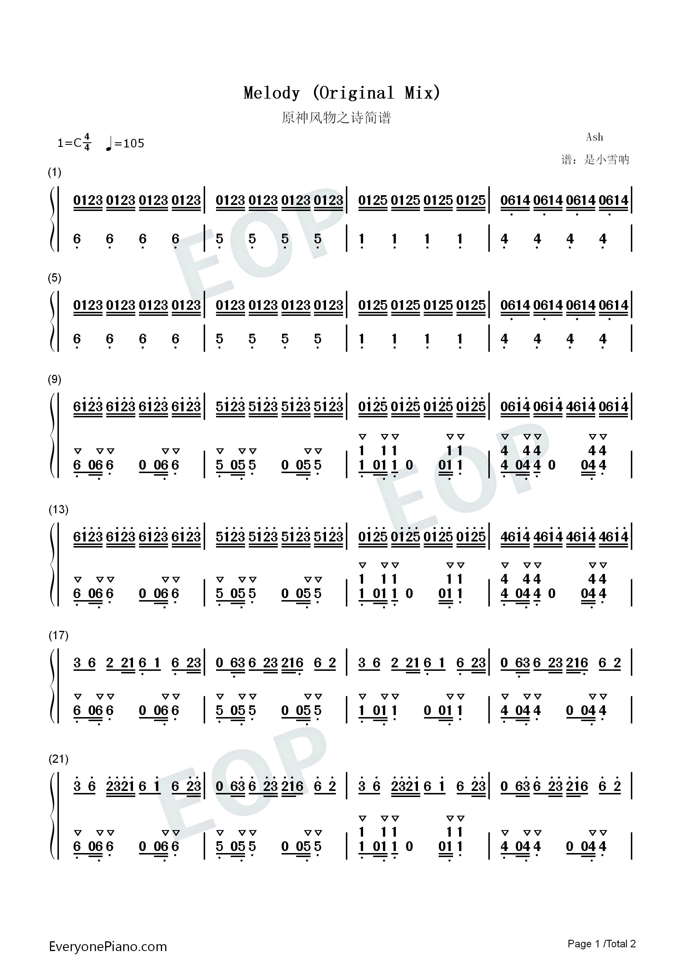 Melody Original mix-Ash-原神风物之诗琴谱-原琴谱双手简谱预览1