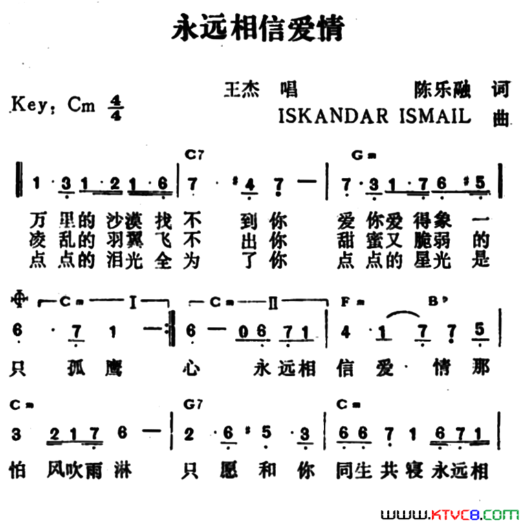 永远相信爱情简谱-王杰演唱-陈乐融/lSKANDAR lSMAlL词曲1