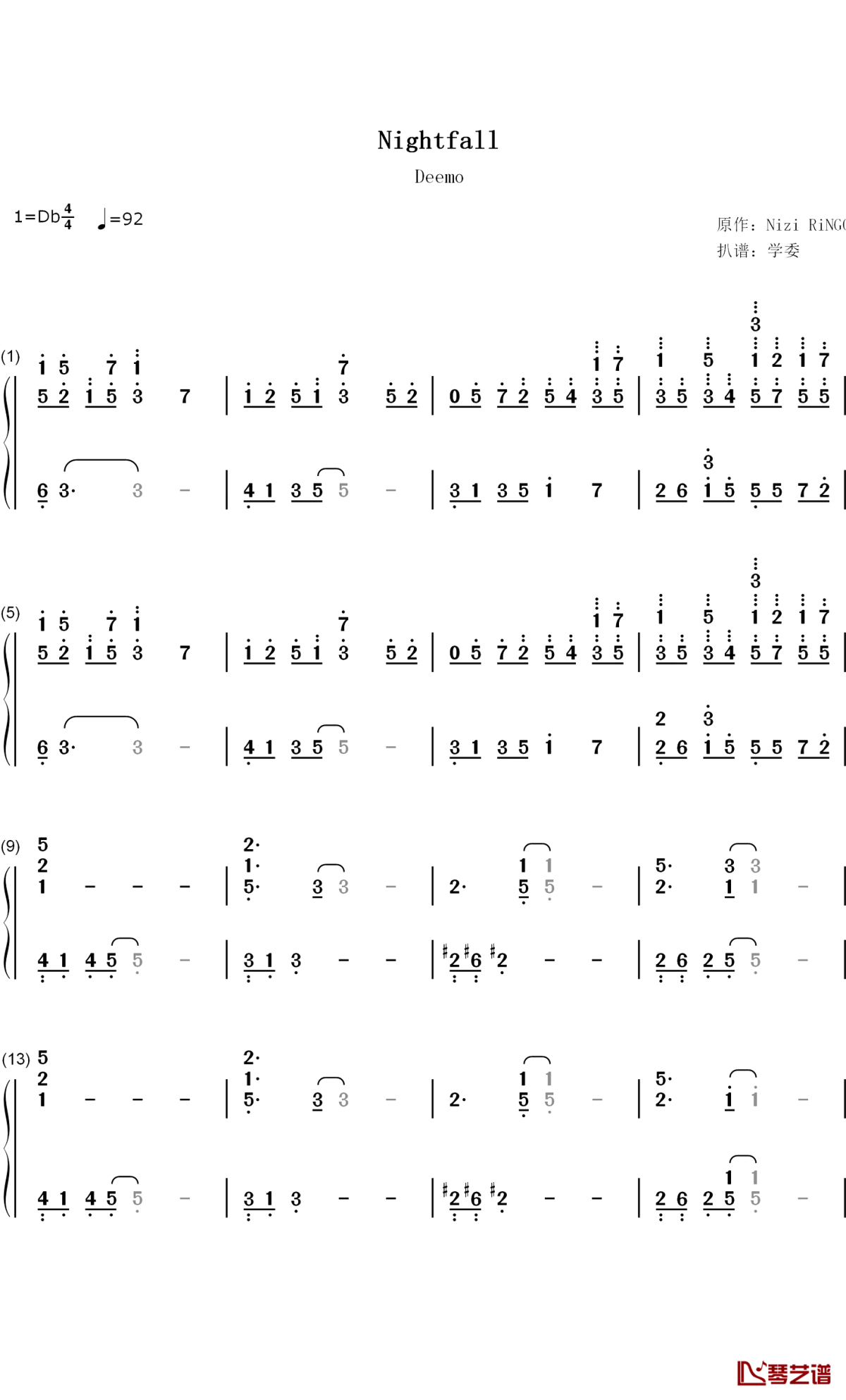 Nightfall钢琴简谱-数字双手-Rayark1