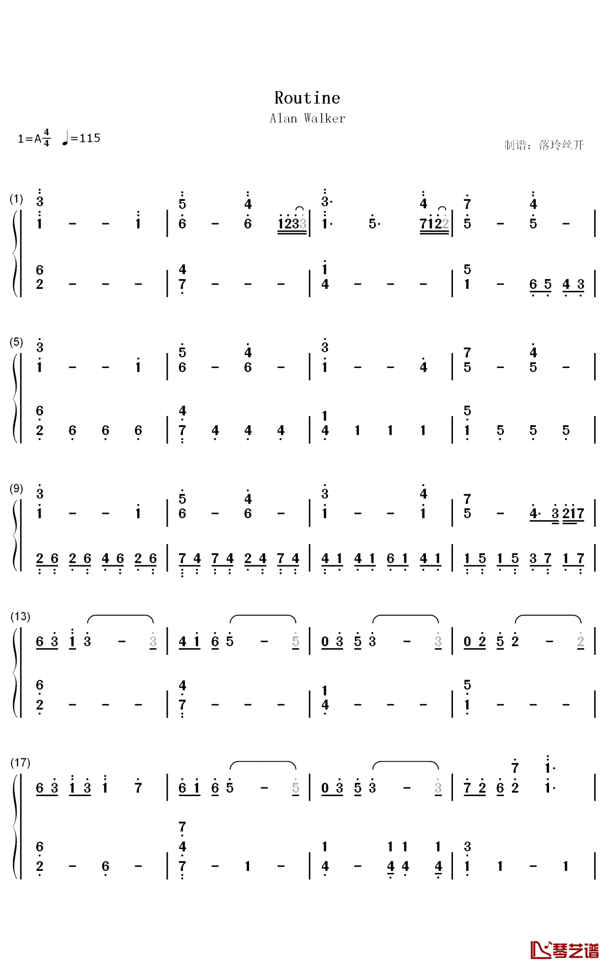 Routine钢琴简谱-数字双手-Alan Walker1