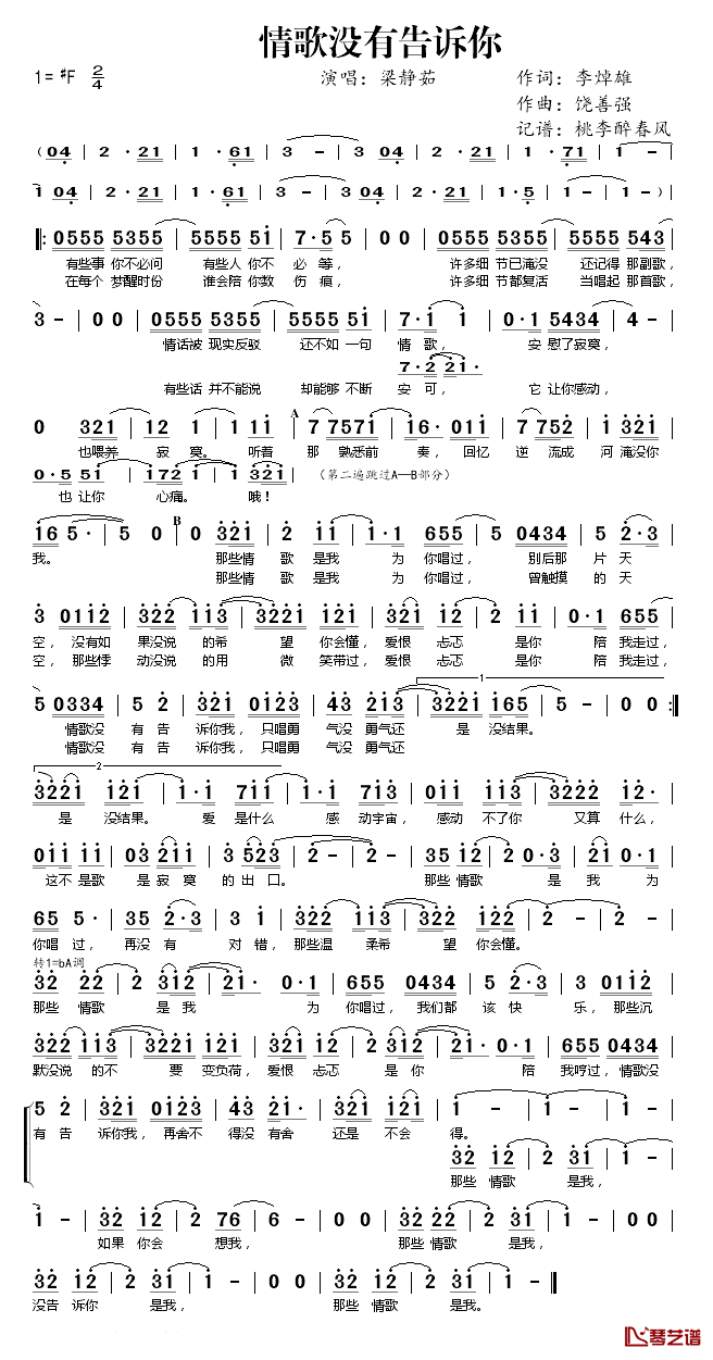 情歌没有告诉你简谱(歌词)-梁静茹演唱-桃李醉春风 记谱上传1