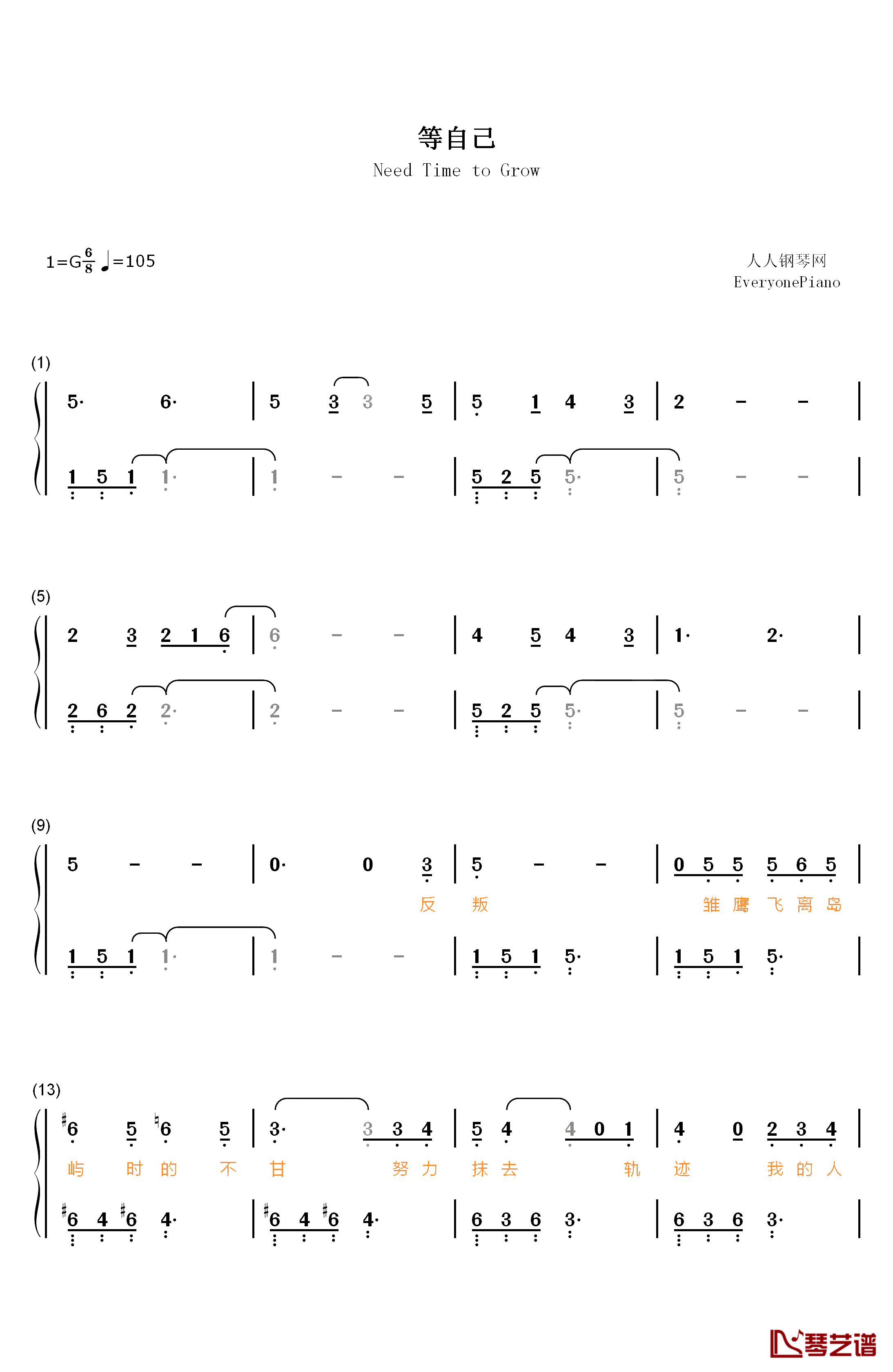 等自己钢琴简谱-数字双手-毛不易 张绍刚1