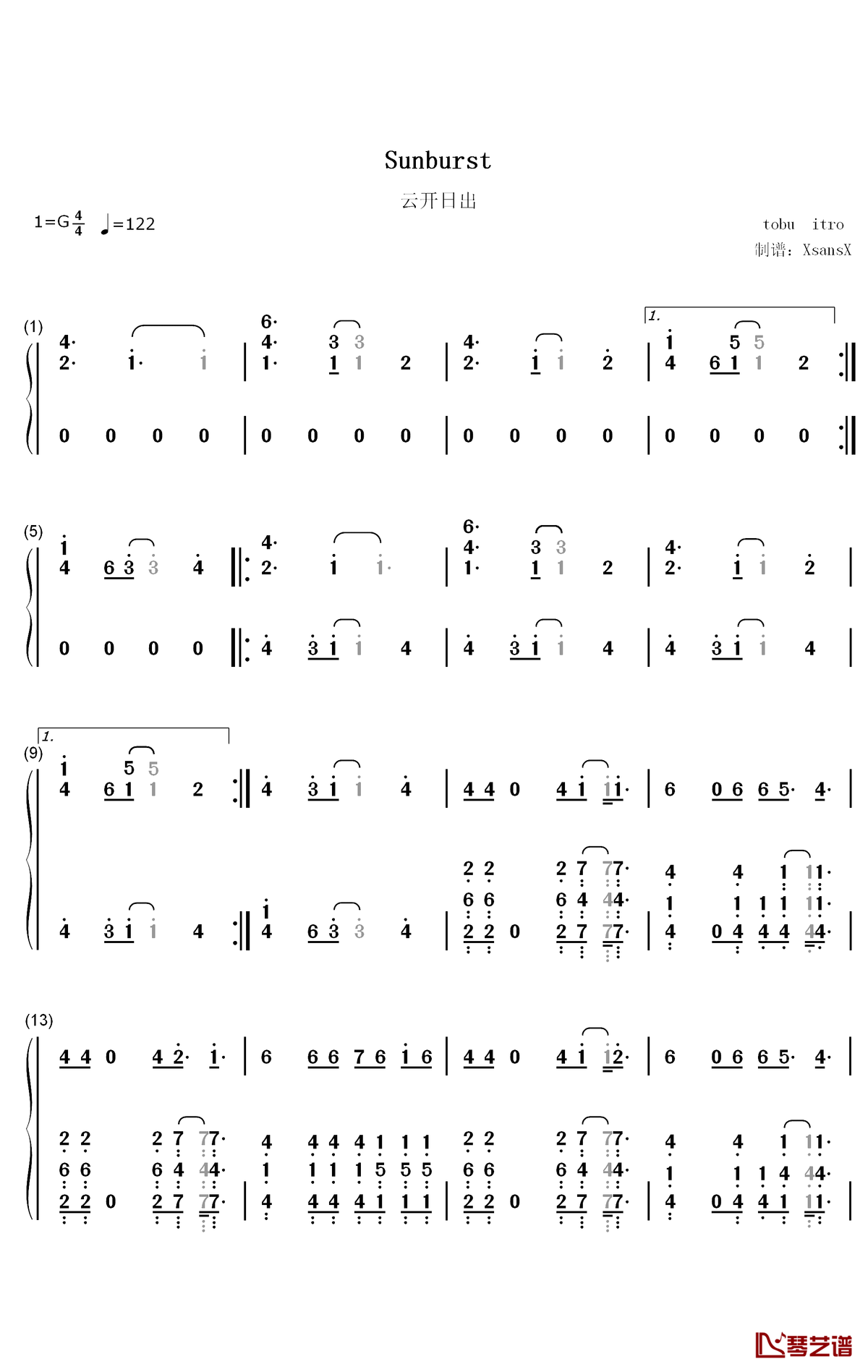 Sunburst钢琴简谱-数字双手-Tobu Itro1