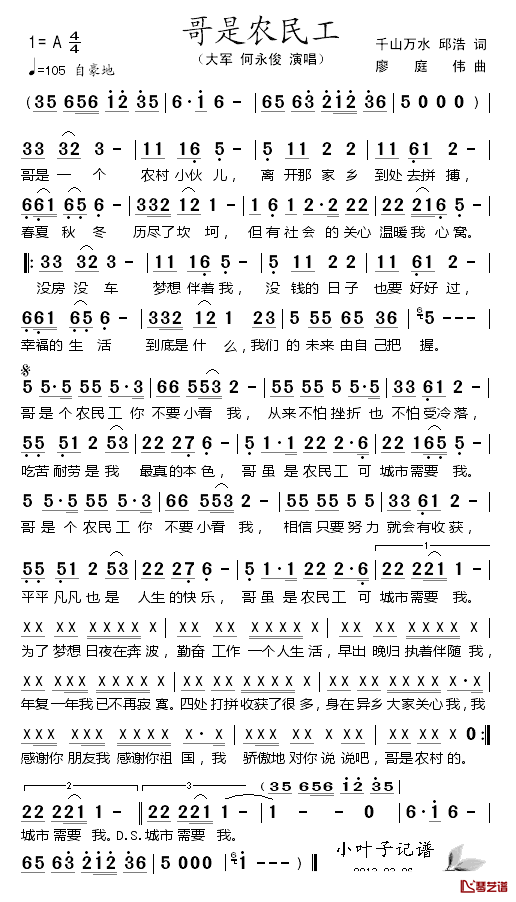 哥是农民工简谱-大军/何文俊演唱1