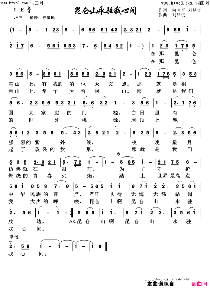 昆仑山永驻我心间简谱-李永林演唱-刘昌贵曲谱1