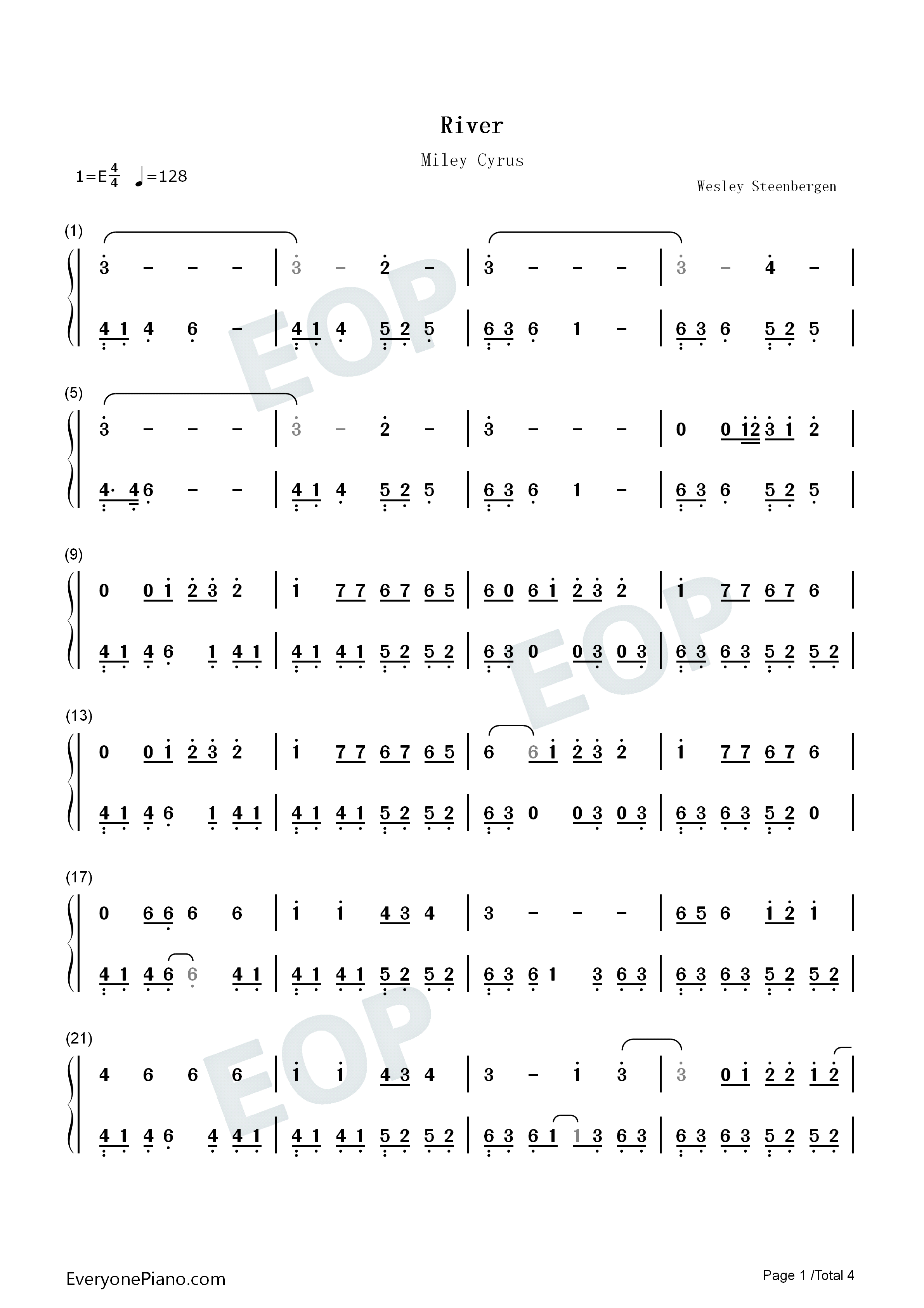 River钢琴简谱-Miley Cyrus演唱1