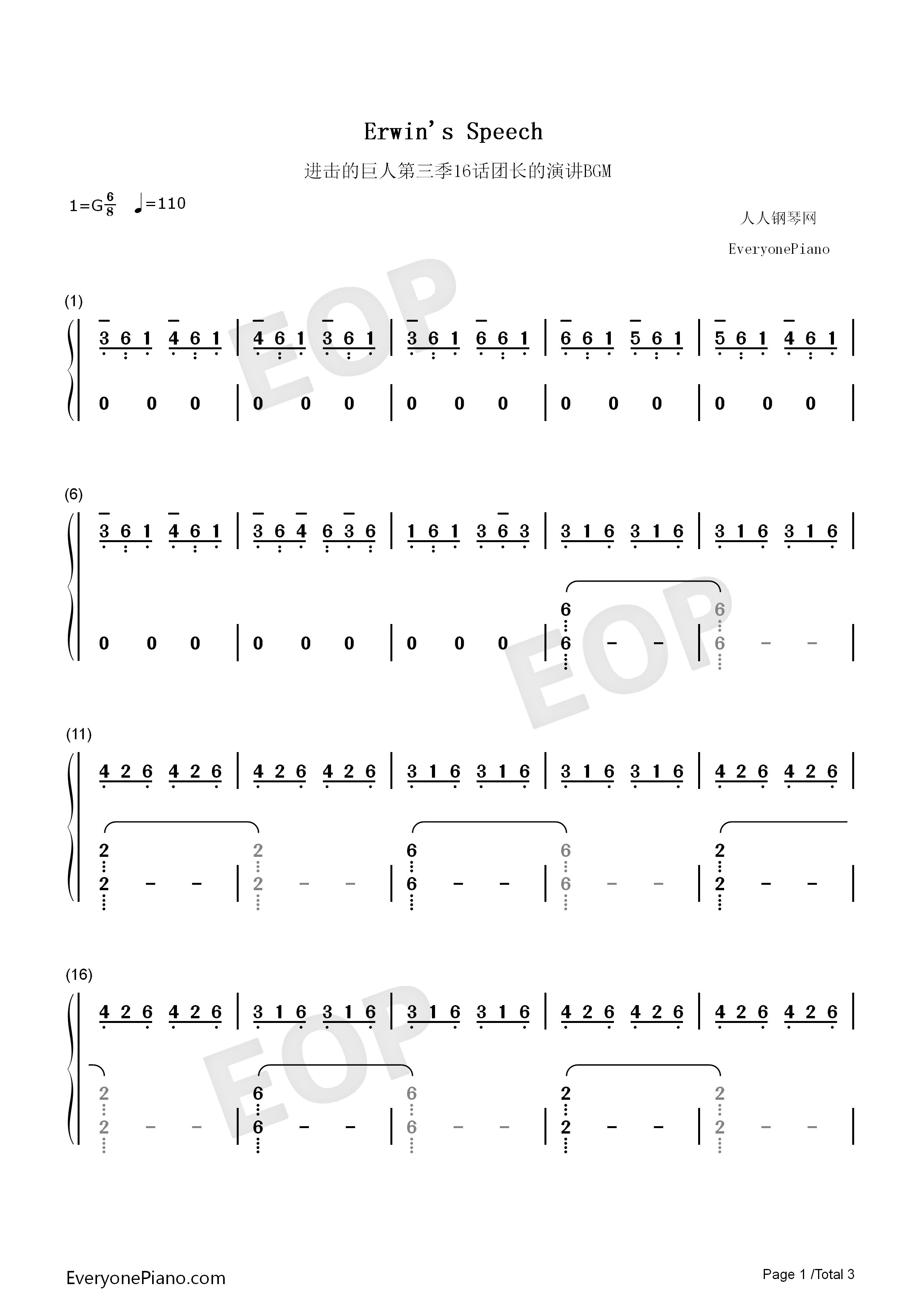 Erwins Speech钢琴简谱-泽野弘之演唱1