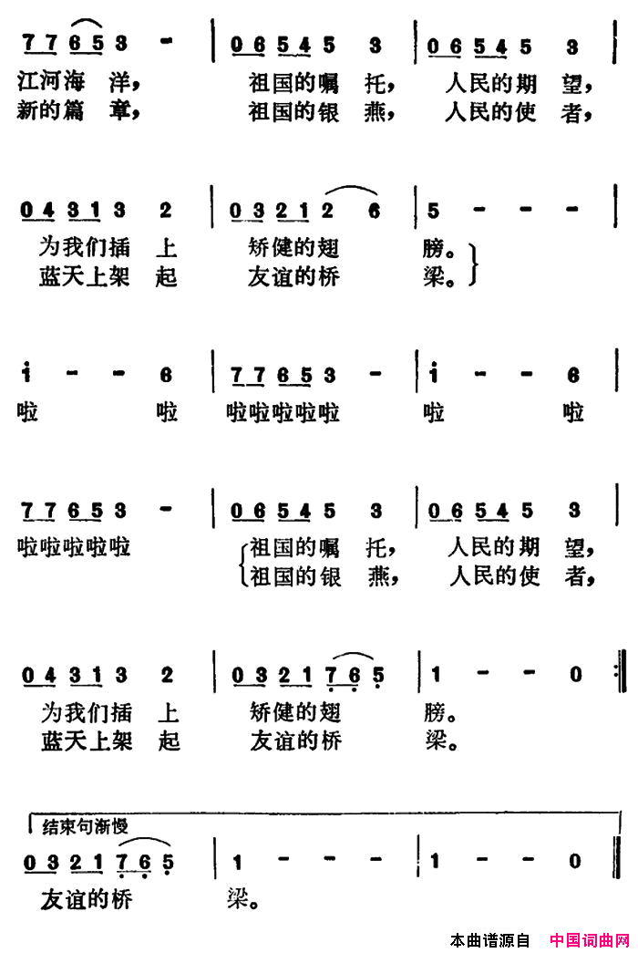 蓝天上架起友谊的桥梁电视片《前进中的北京民航》插曲简谱1