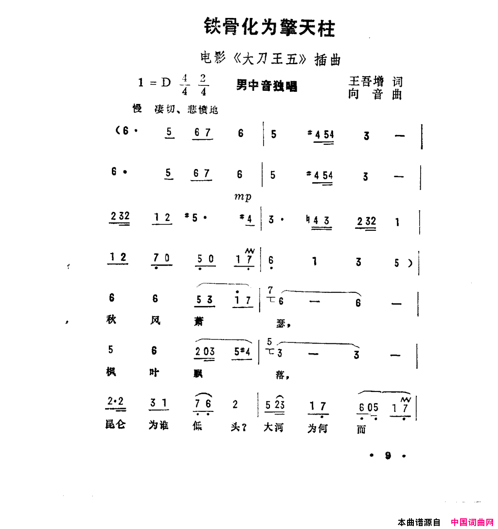 铁骨化为擎天柱《大刀王五》插曲简谱1