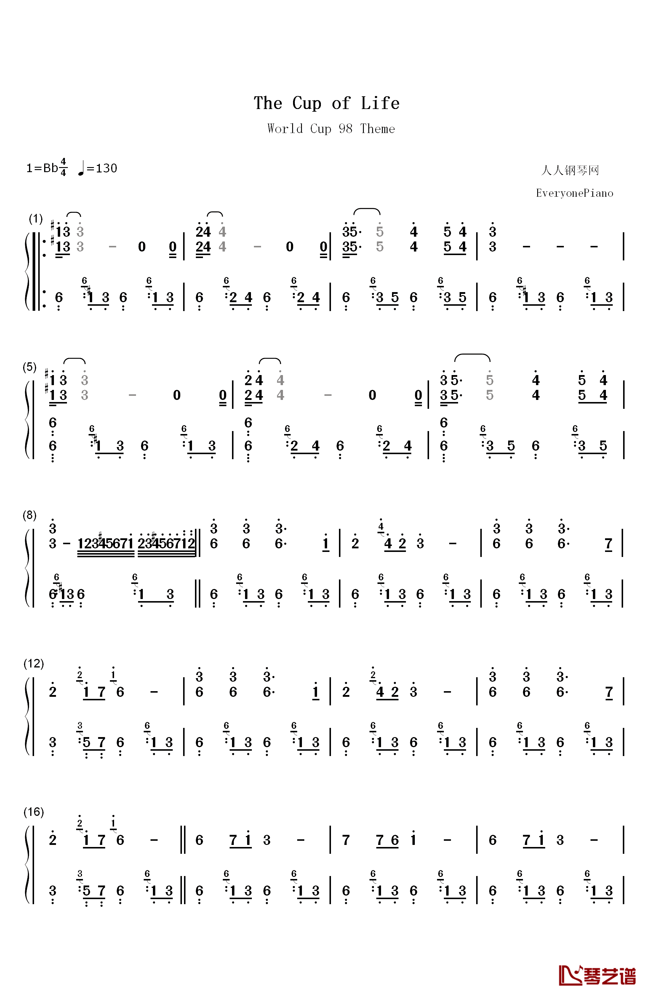 生命之杯钢琴简谱-数字双手-Ricky Martin1