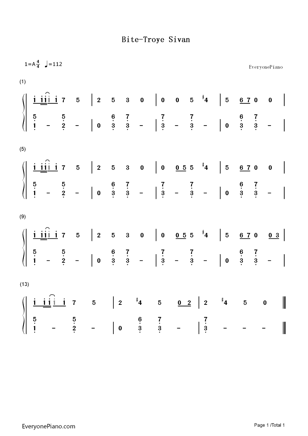 Bite钢琴简谱-数字双手-Troye Sivan1