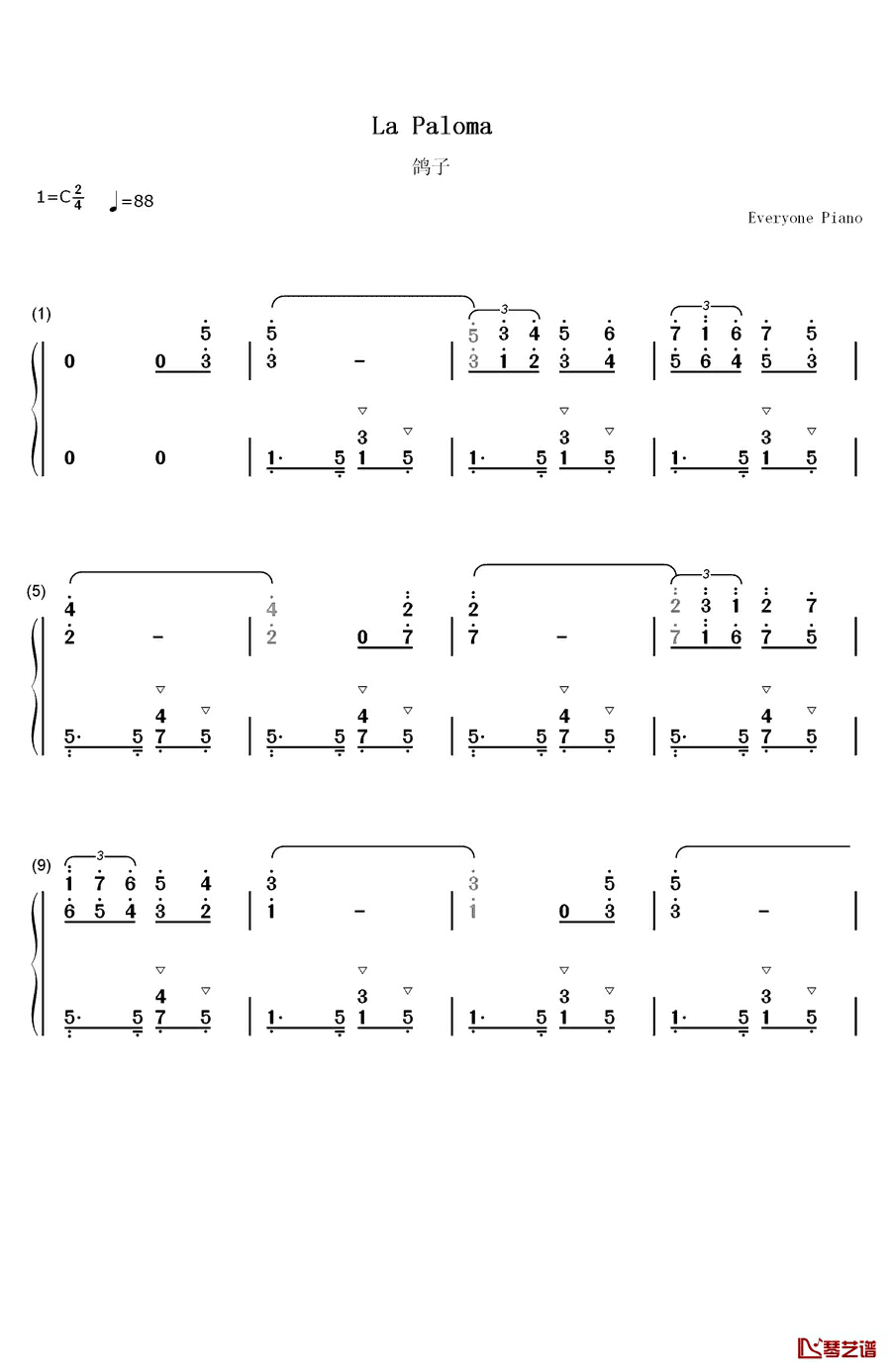 鸽子钢琴简谱-数字双手-伊拉蒂尔1