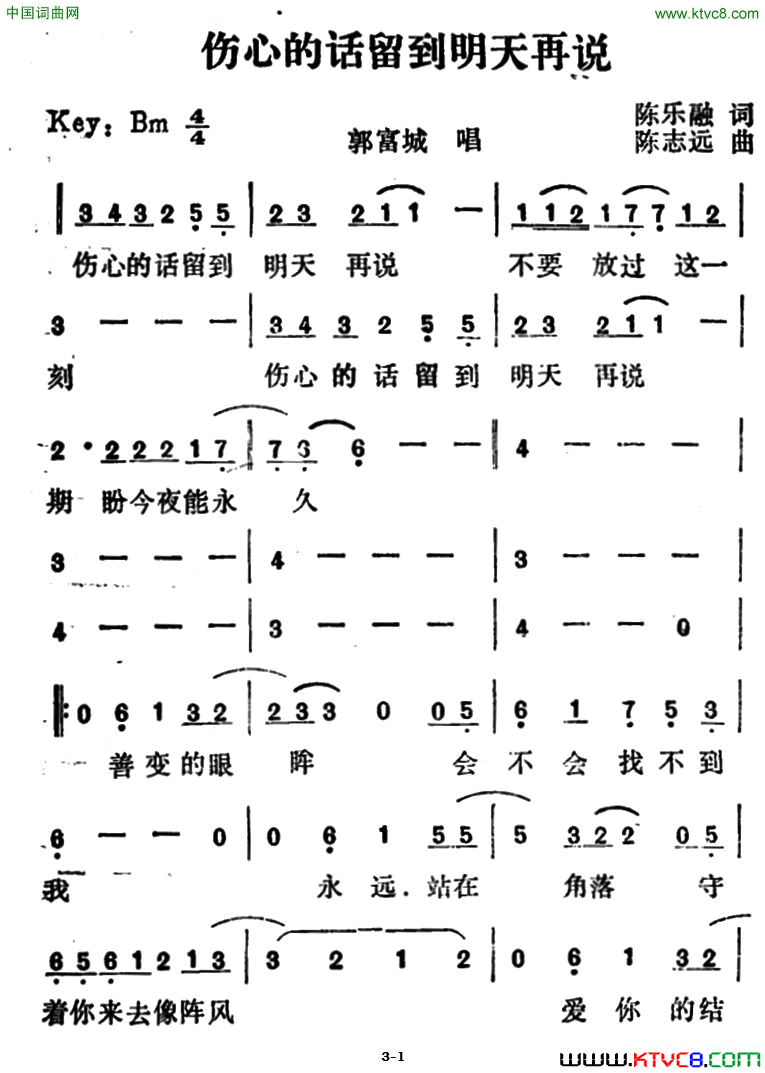 伤心的话留到明天再说简谱-郭富城演唱-陈乐融/陈志远词曲1