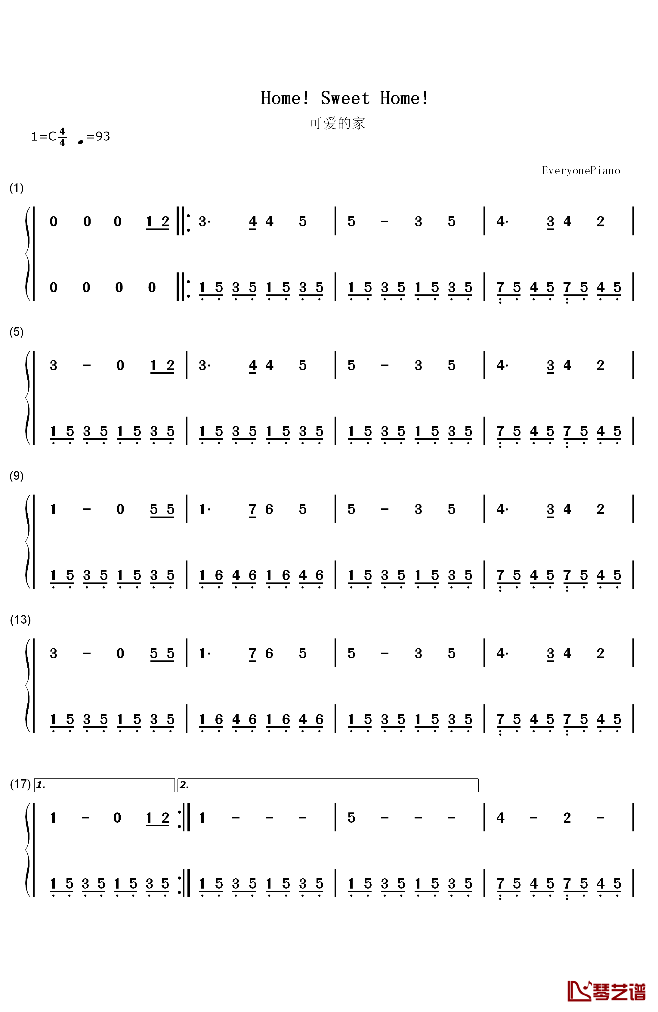 可爱的家钢琴简谱-数字双手-毕肖普1