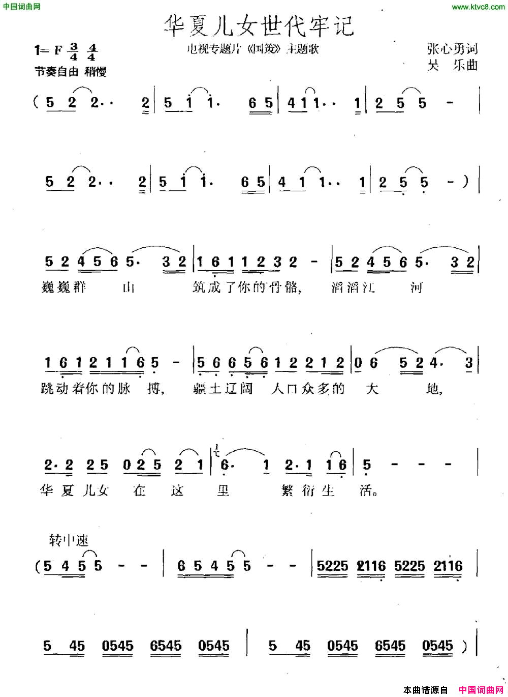 华夏儿女世代牢记电视专题片《国策》主题曲简谱1