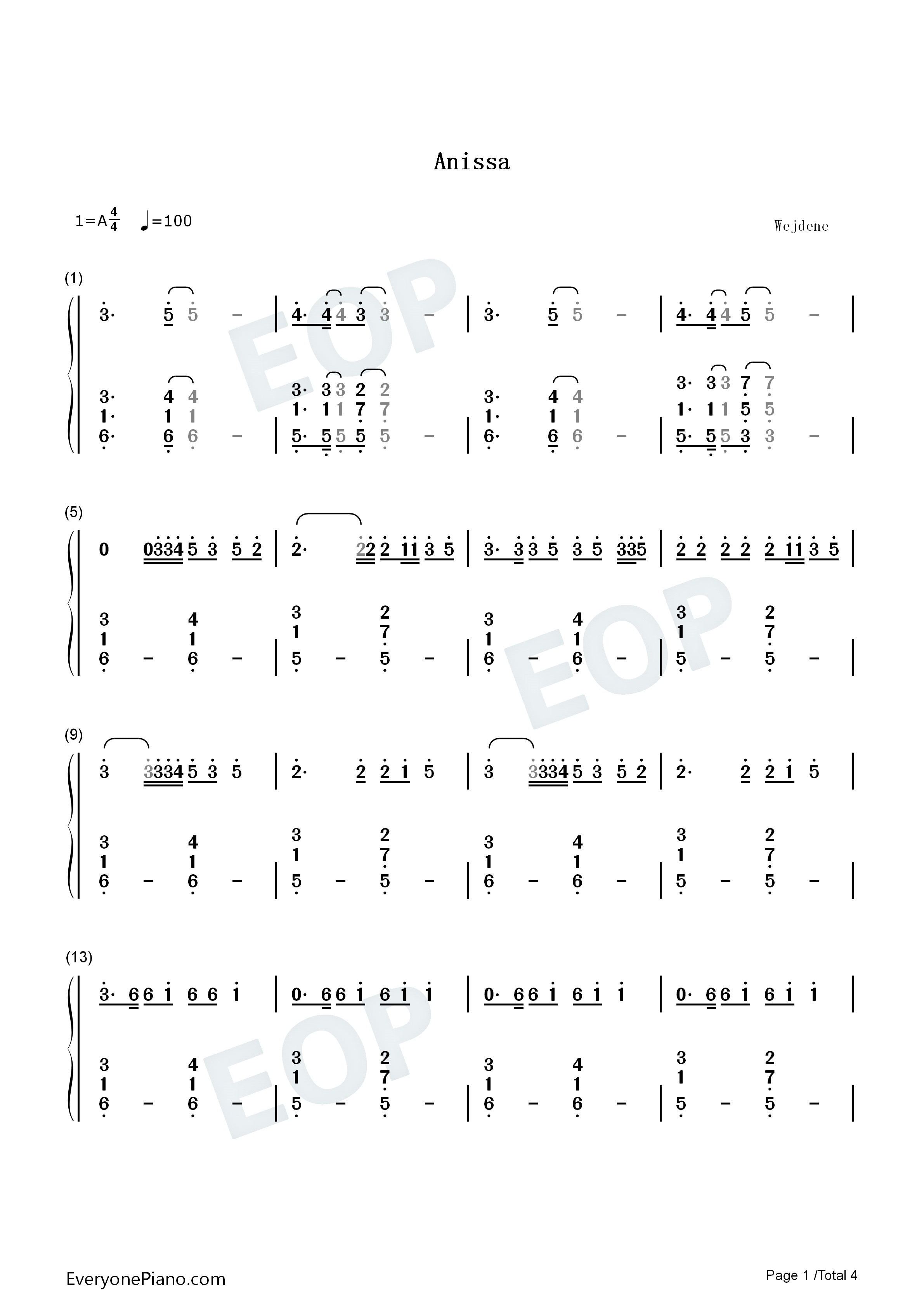Anissa钢琴简谱-Wejdene演唱1