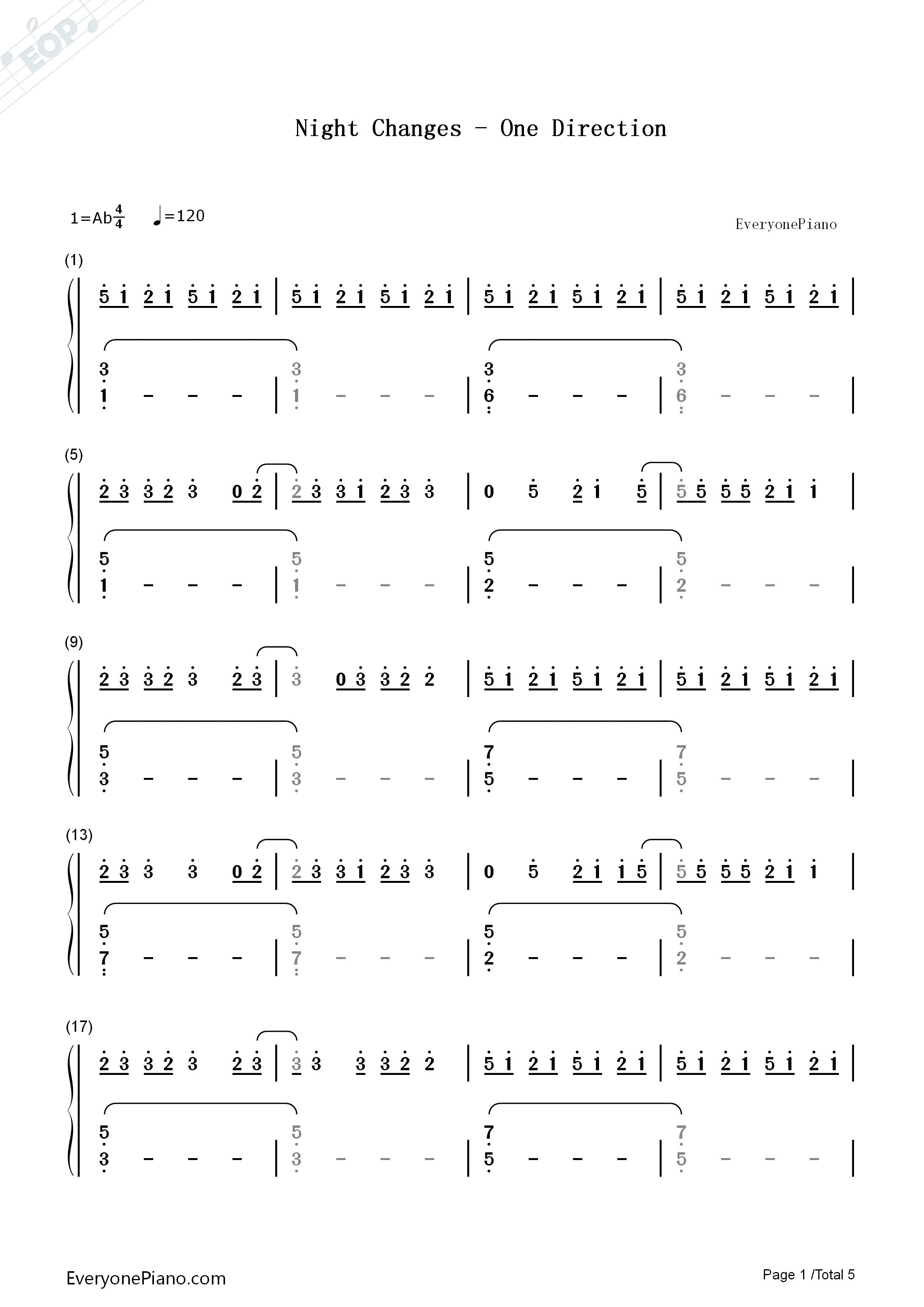 Night Changes钢琴简谱-One Direction演唱1