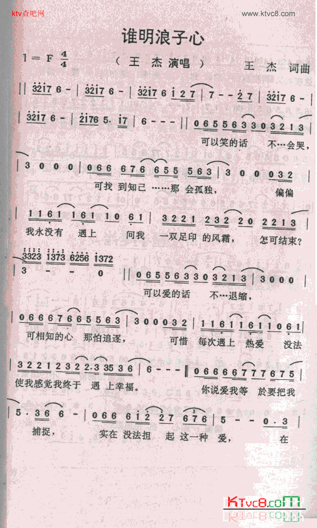 谁明浪子心简谱-王杰演唱1