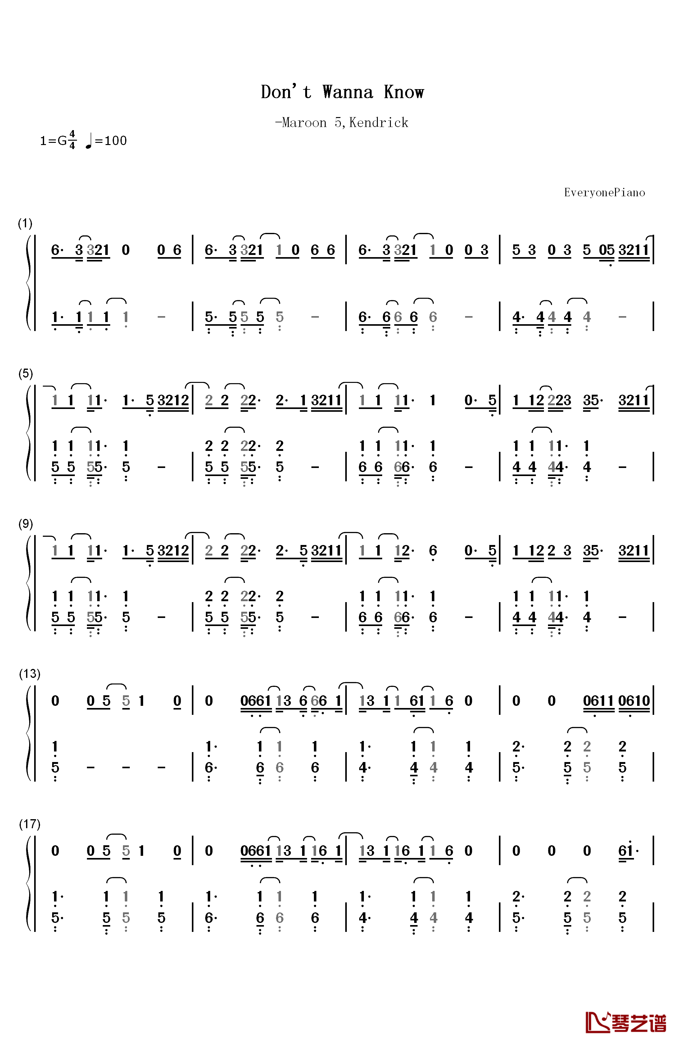 Don't Wanna Know钢琴简谱-数字双手-Maroon 5 Kendrick Lamar1
