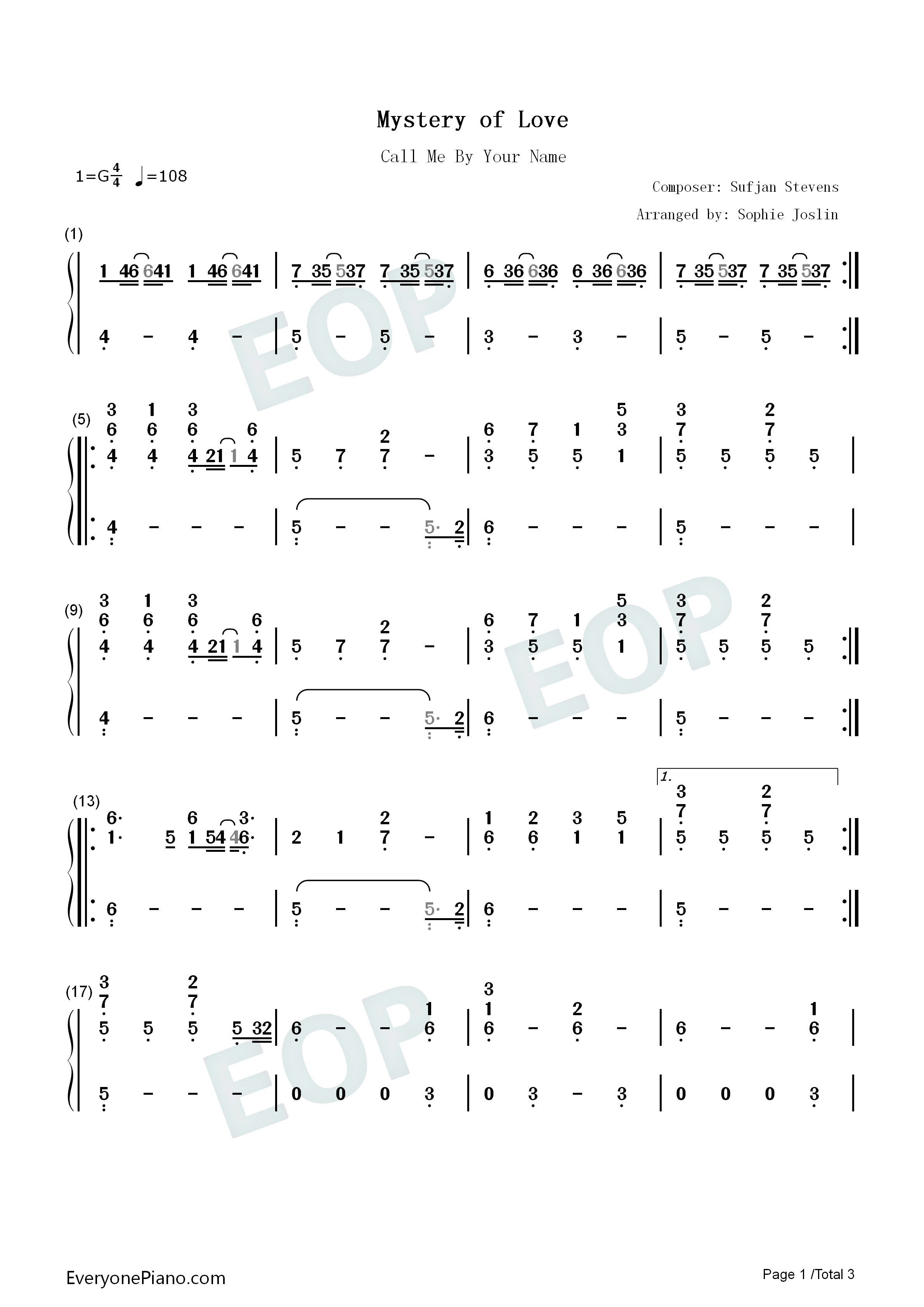 Mystery of Love钢琴简谱-Sufjan Stevens演唱1