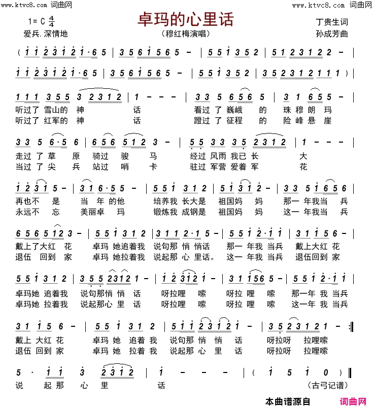 卓玛的心里话简谱-穆红梅演唱-丁贵生/孙成芳词曲1