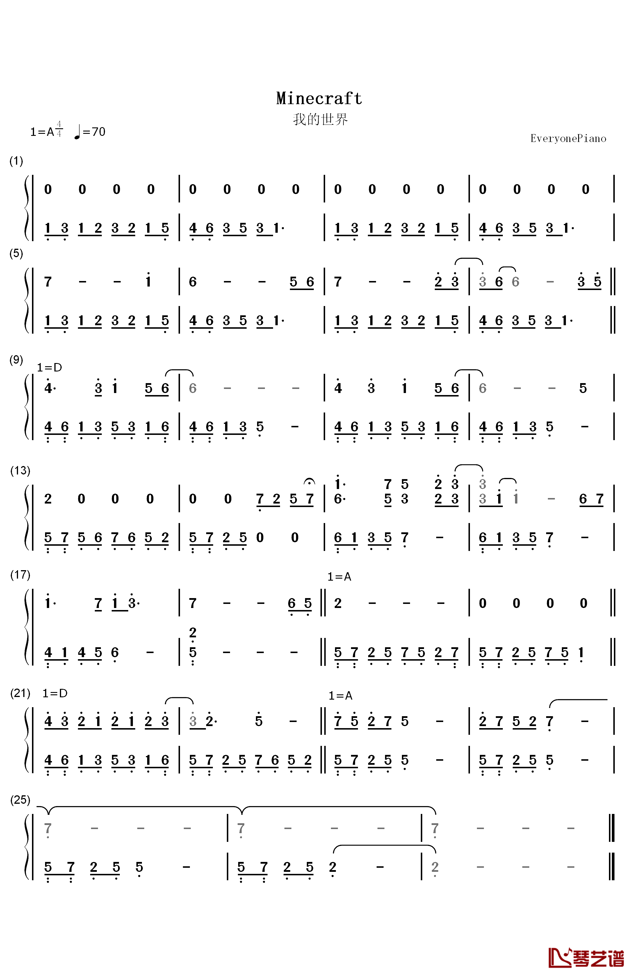 Minecraft背景音乐钢琴简谱-数字双手-丹尼尔•罗森菲尔德1