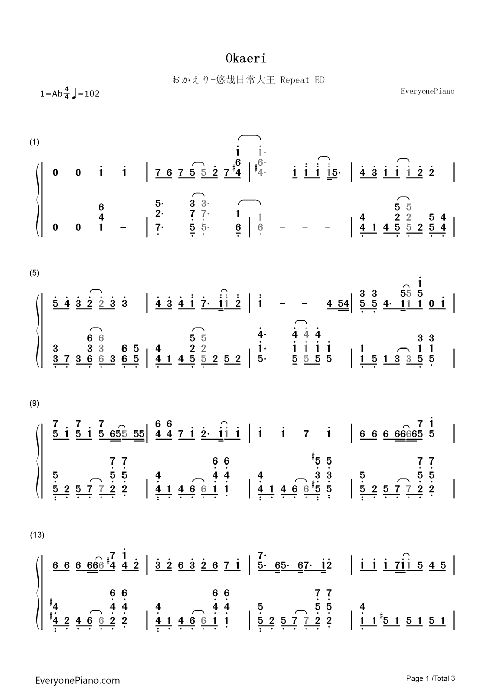 おかえり钢琴简谱-数字双手-小岩井小鸟  村川梨衣  佐仓绫音  阿澄佳奈1