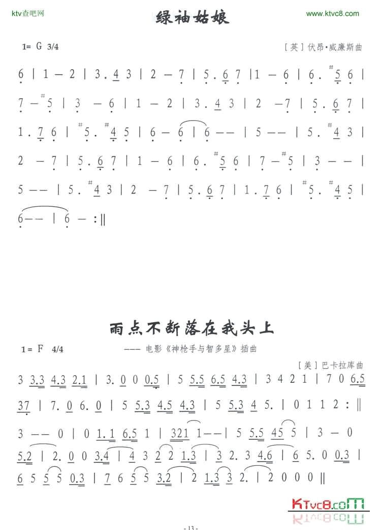 雨点不断落在我头上简谱-外国名曲演唱1