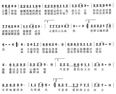 亲爱的你在何方简谱 杨雪晴演唱