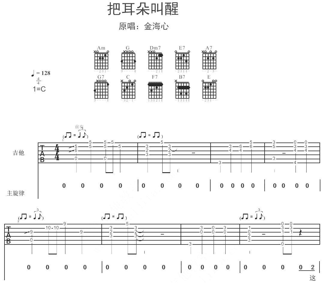 把耳朵叫醒吉他谱 金海心 因为耳朵会为你捕捉生活中每个美好的瞬间1