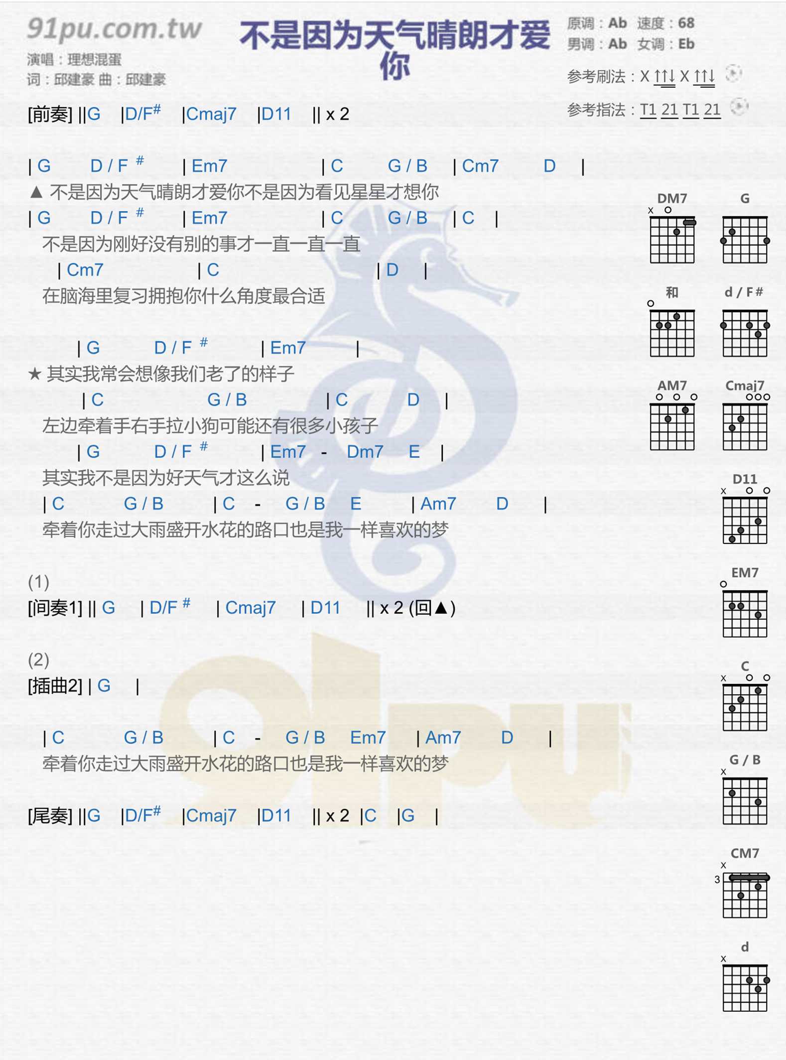 不是因为天气晴朗才爱你吉他谱-理想混蛋-温馨也充满了朴实的浪漫1