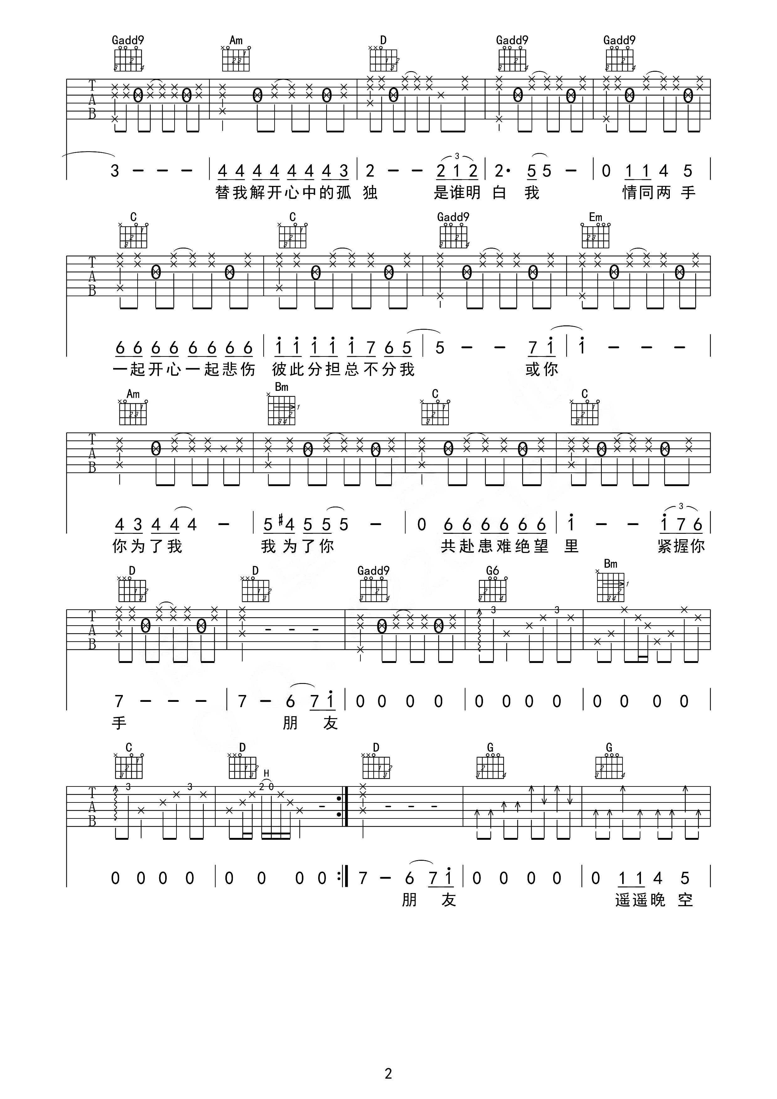 朋友吉他谱 谭咏麟-共赴患难绝望里 紧握你手2