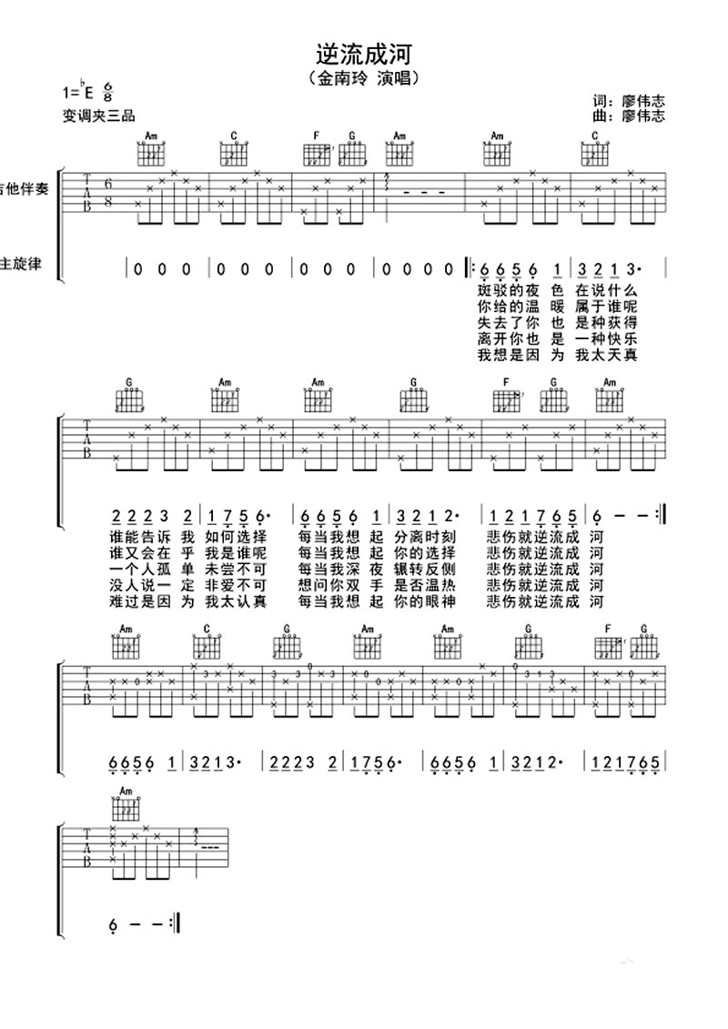 逆流成河吉他谱 金南玲 谁会在乎我是谁呢1
