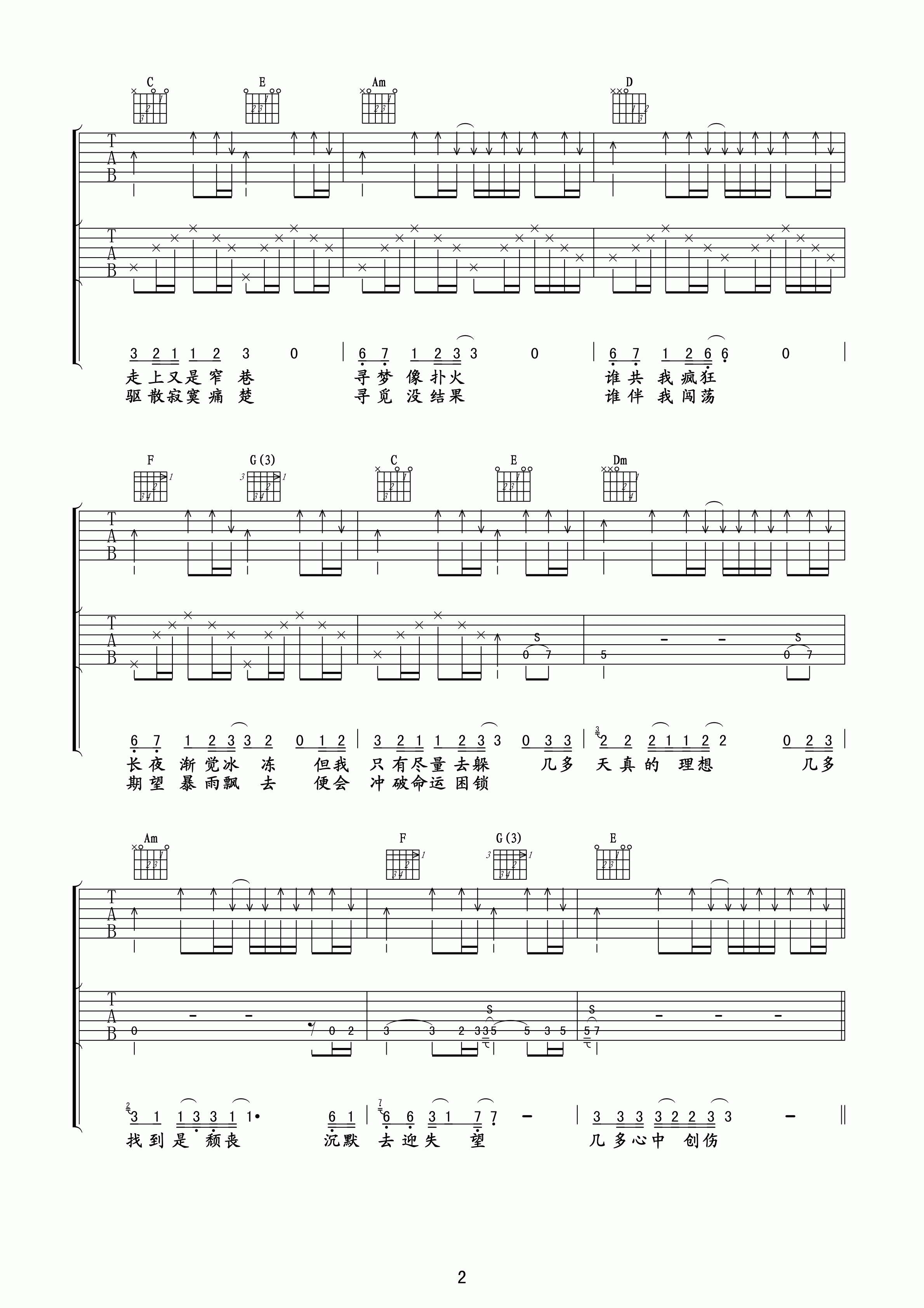 谁伴我闯荡吉他谱 Beyond 只有顽强明日路纵会更彷徨2