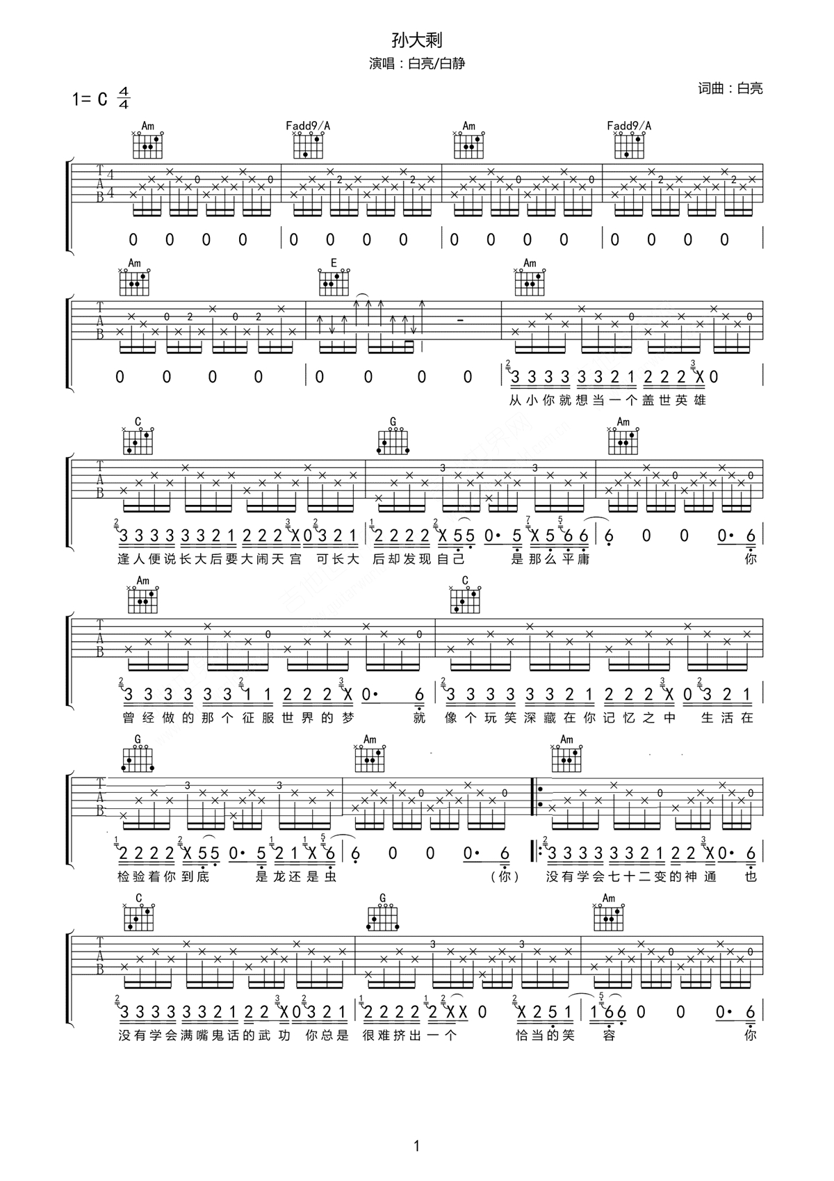 孙大剩吉他谱 白亮 / 赵静 掉进人堆也找不见的孙大剩,谈起梦想还在努力的孙大圣1